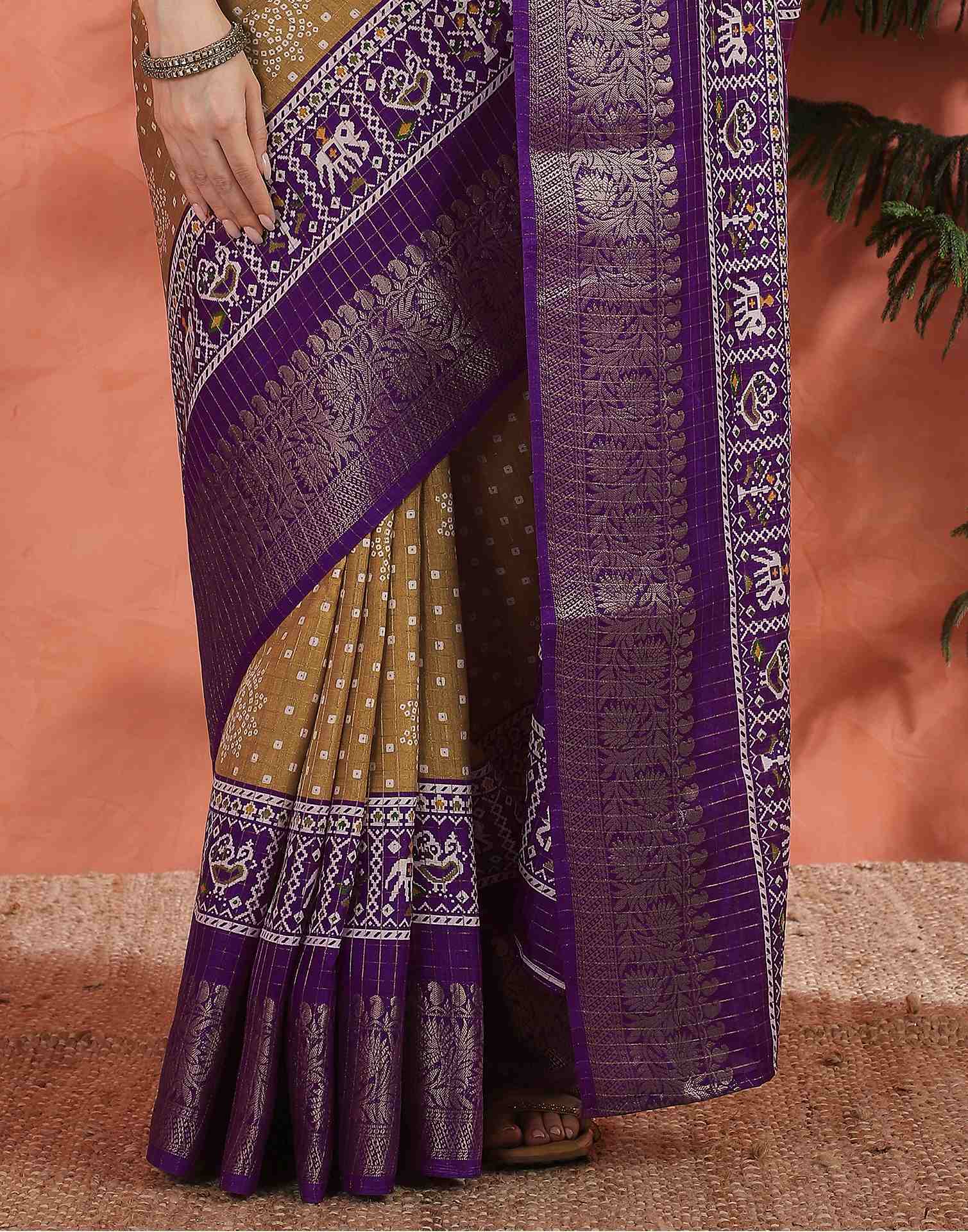 Light Brown Silk Printed Bandhani Saree