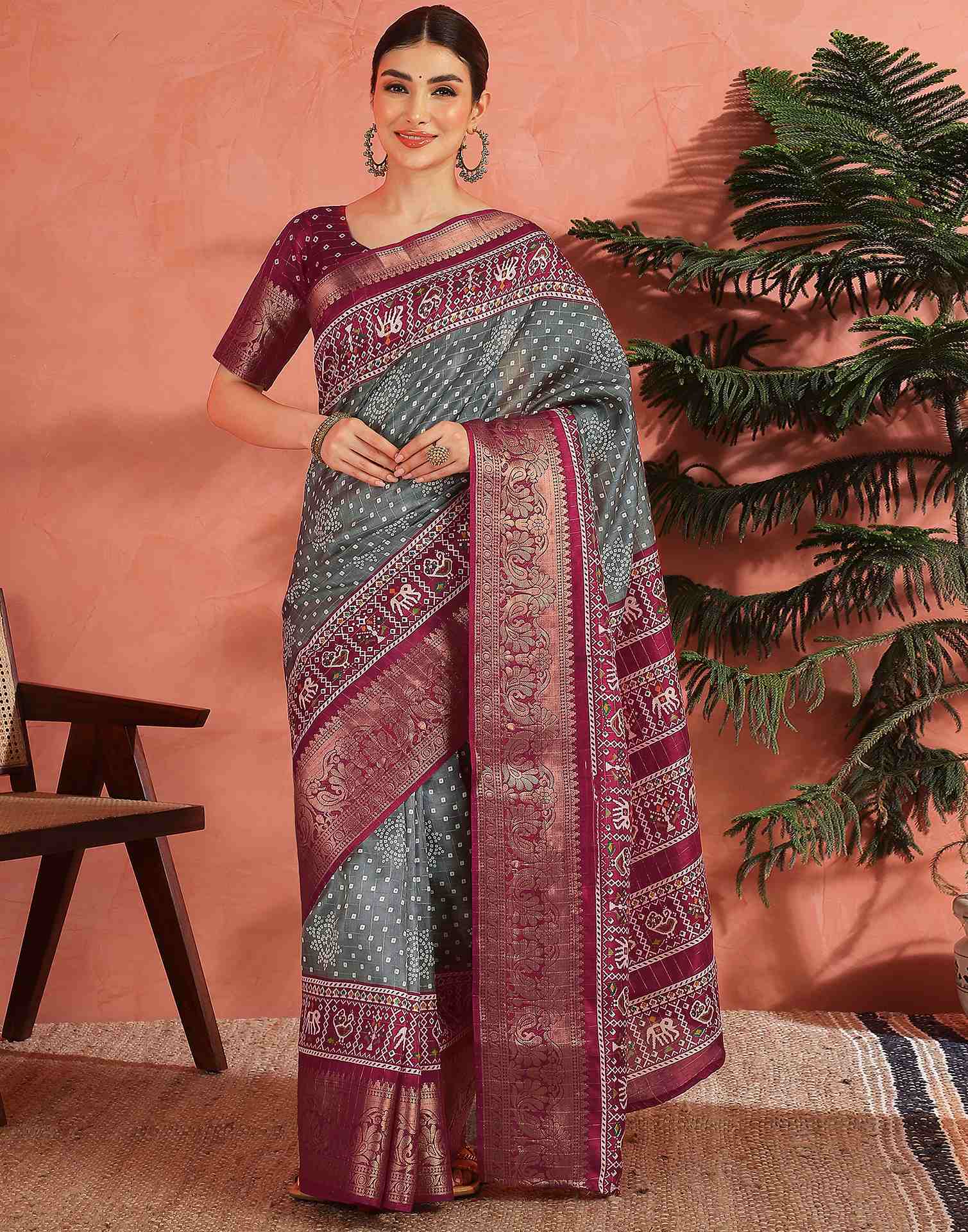 Grey Silk Bandhani Printed Saree