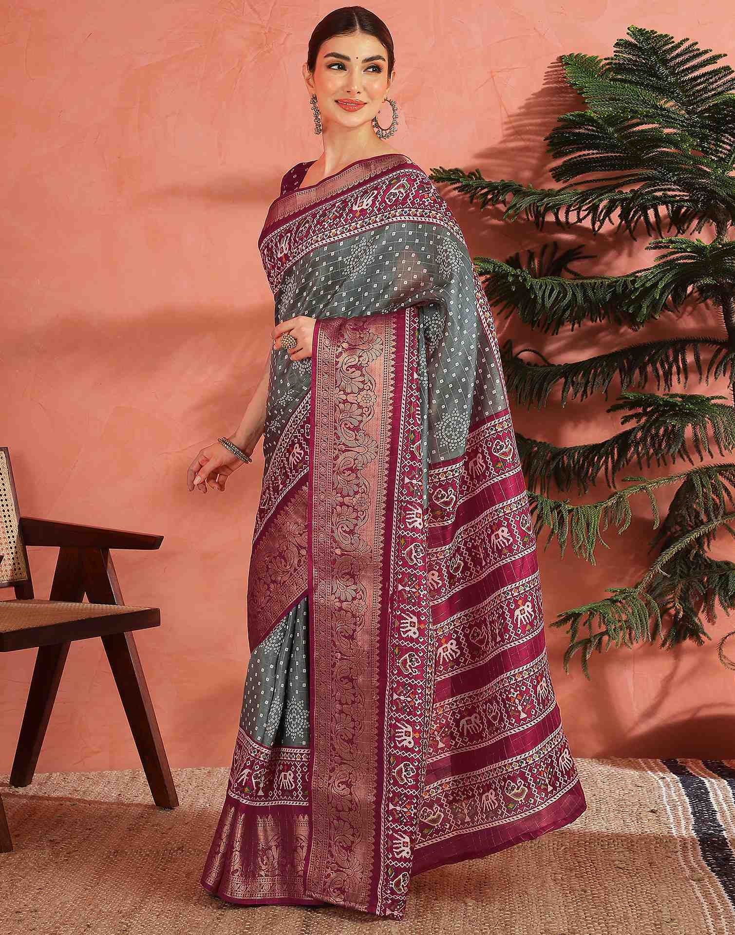 Grey Silk Bandhani Printed Saree