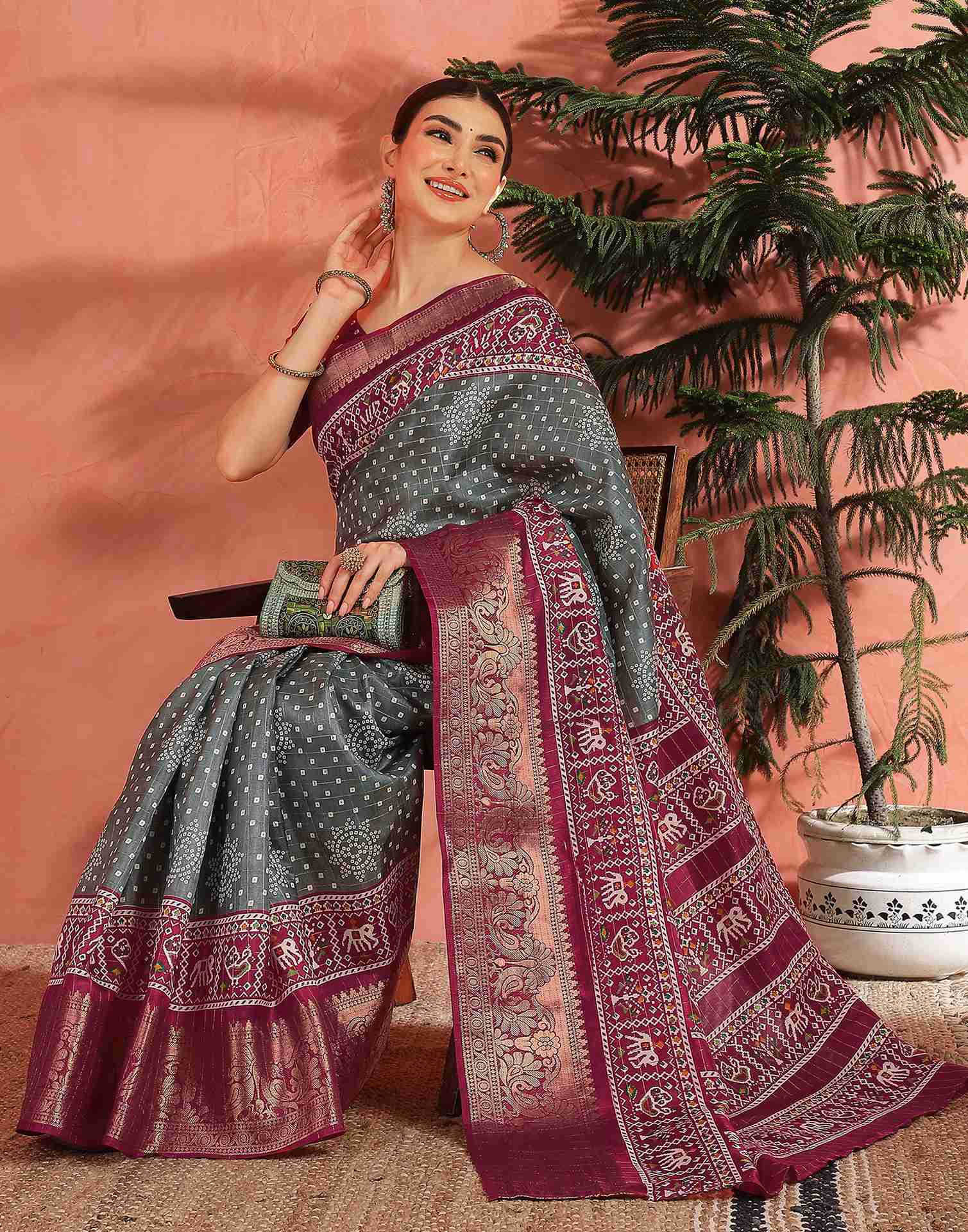 Grey Silk Bandhani Printed Saree