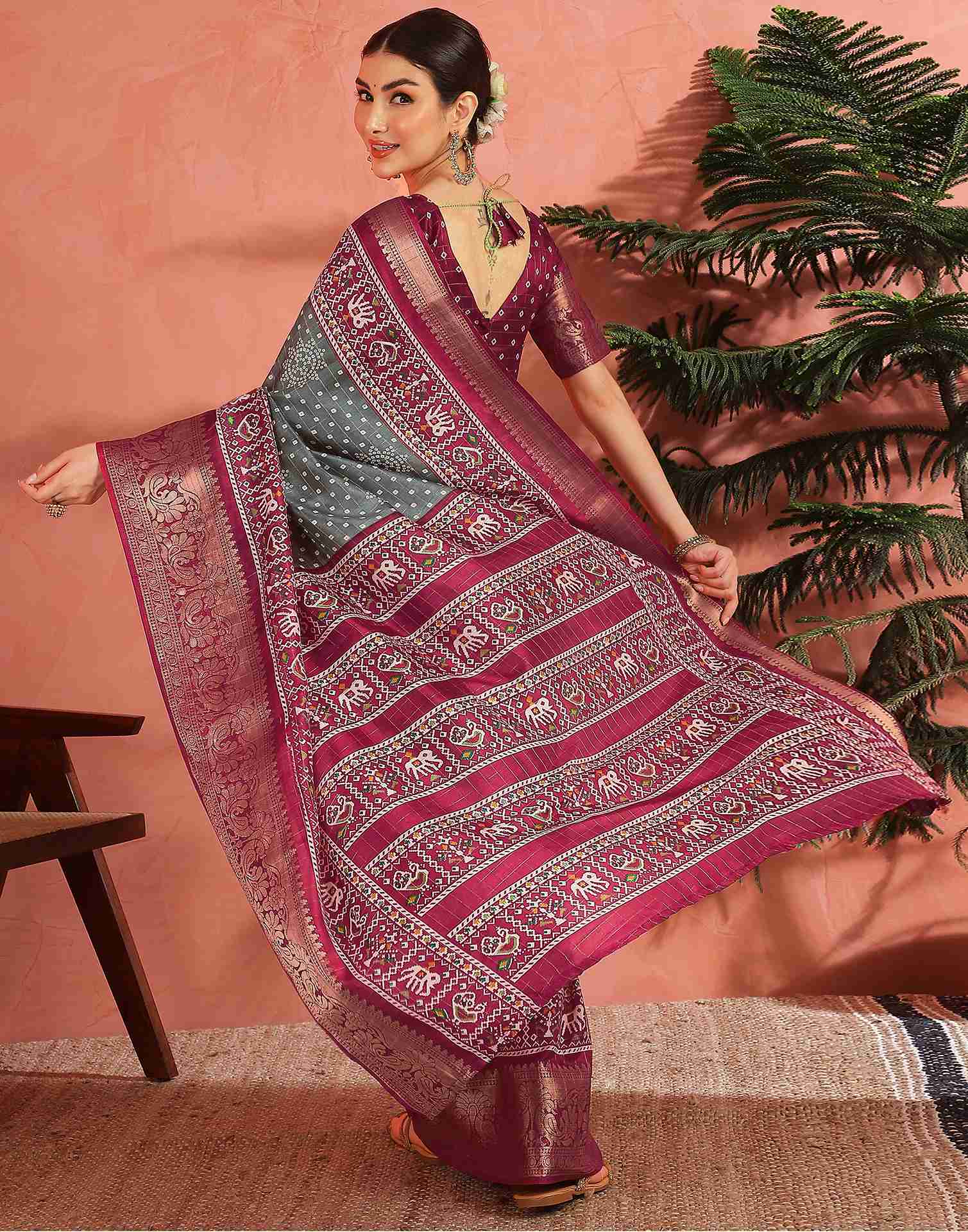 Grey Silk Bandhani Printed Saree