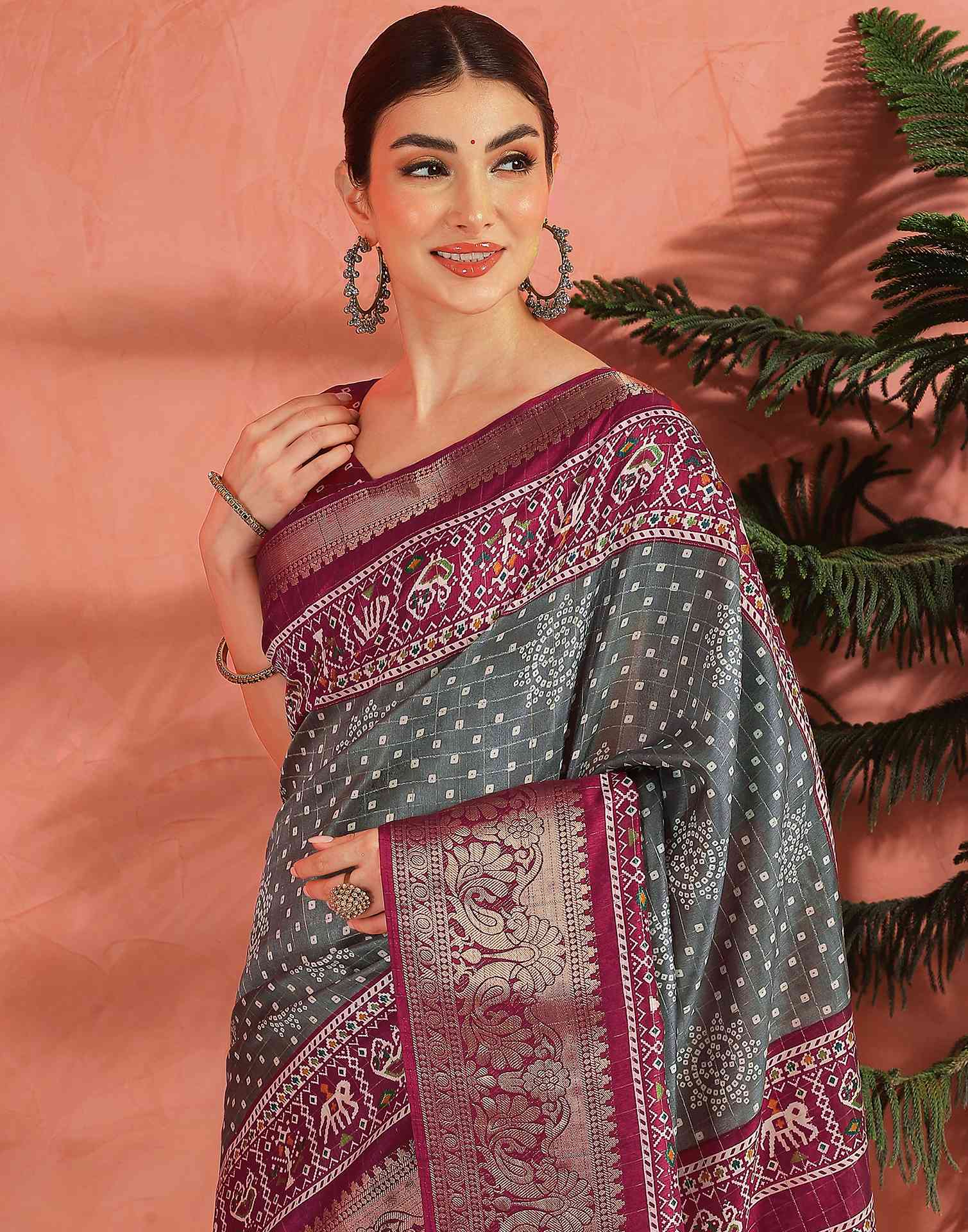 Grey Silk Bandhani Printed Saree
