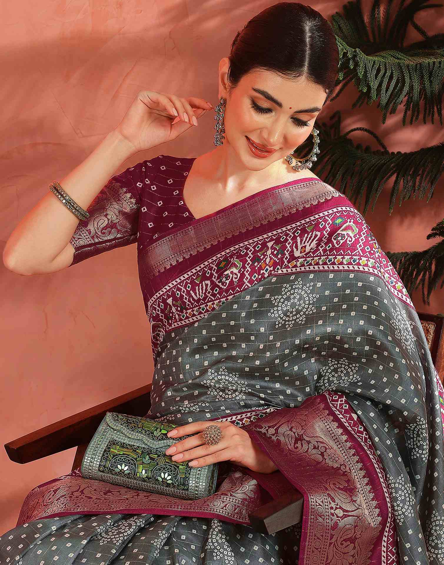 Grey Silk Bandhani Printed Saree