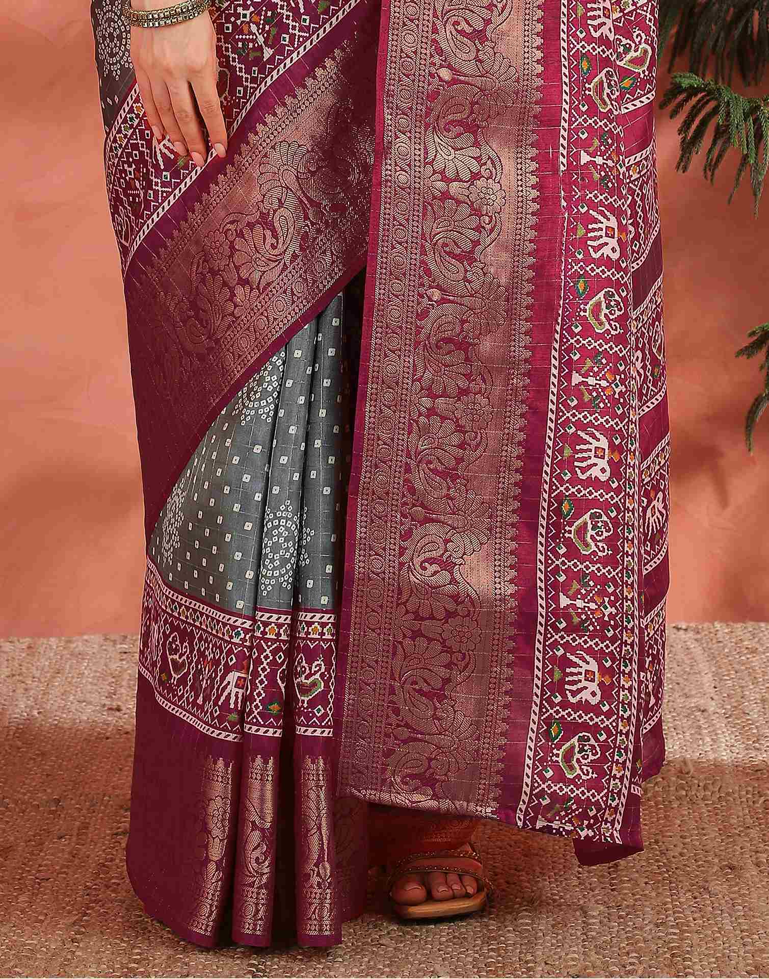 Grey Silk Bandhani Printed Saree
