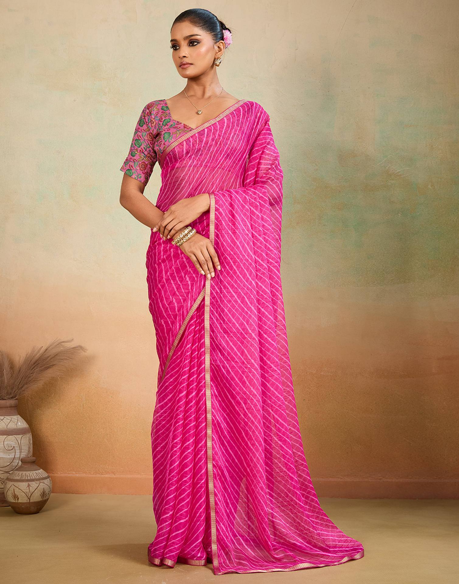 Rani Pink Chiffon Laheriya Saree