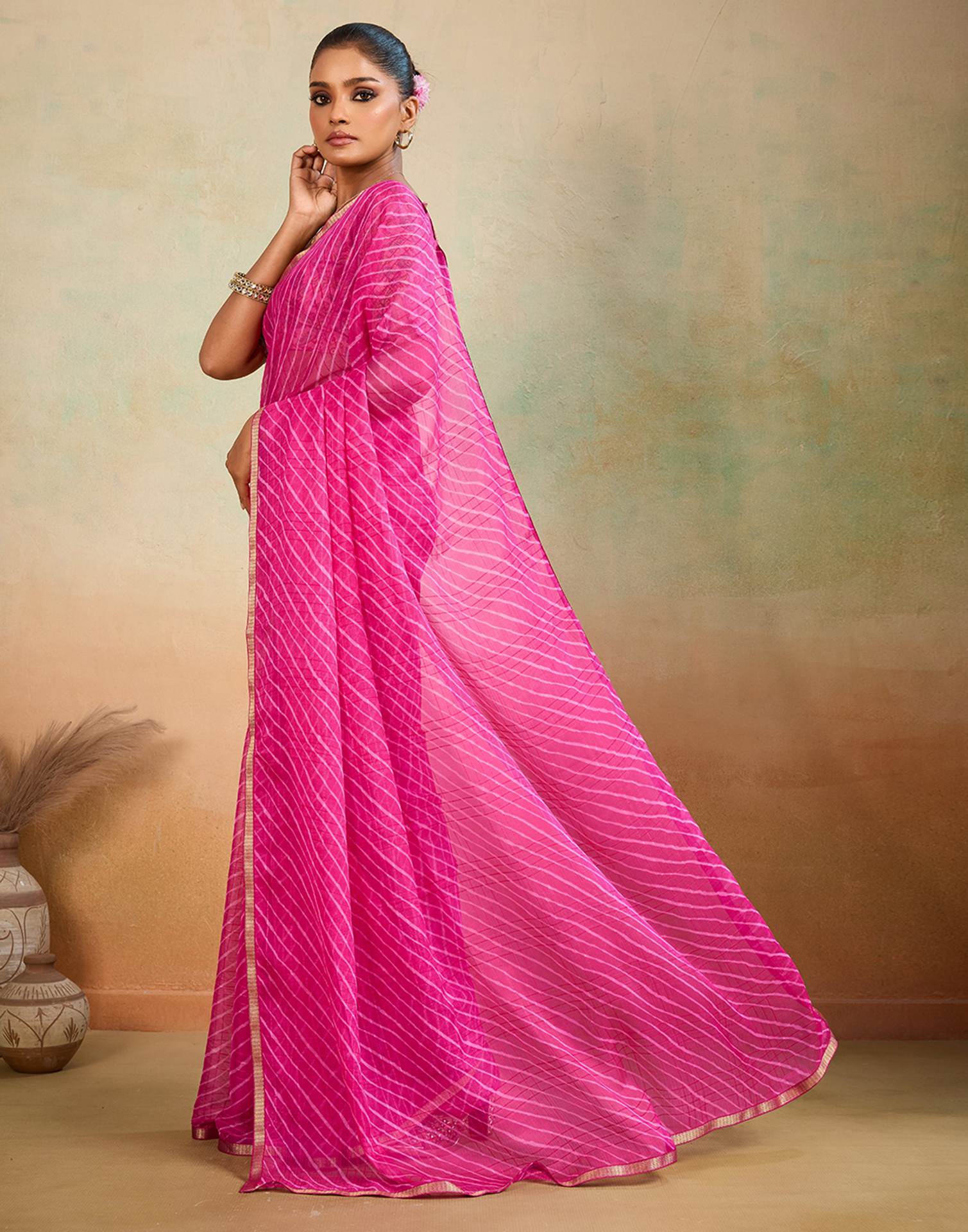 Rani Pink Chiffon Laheriya Saree