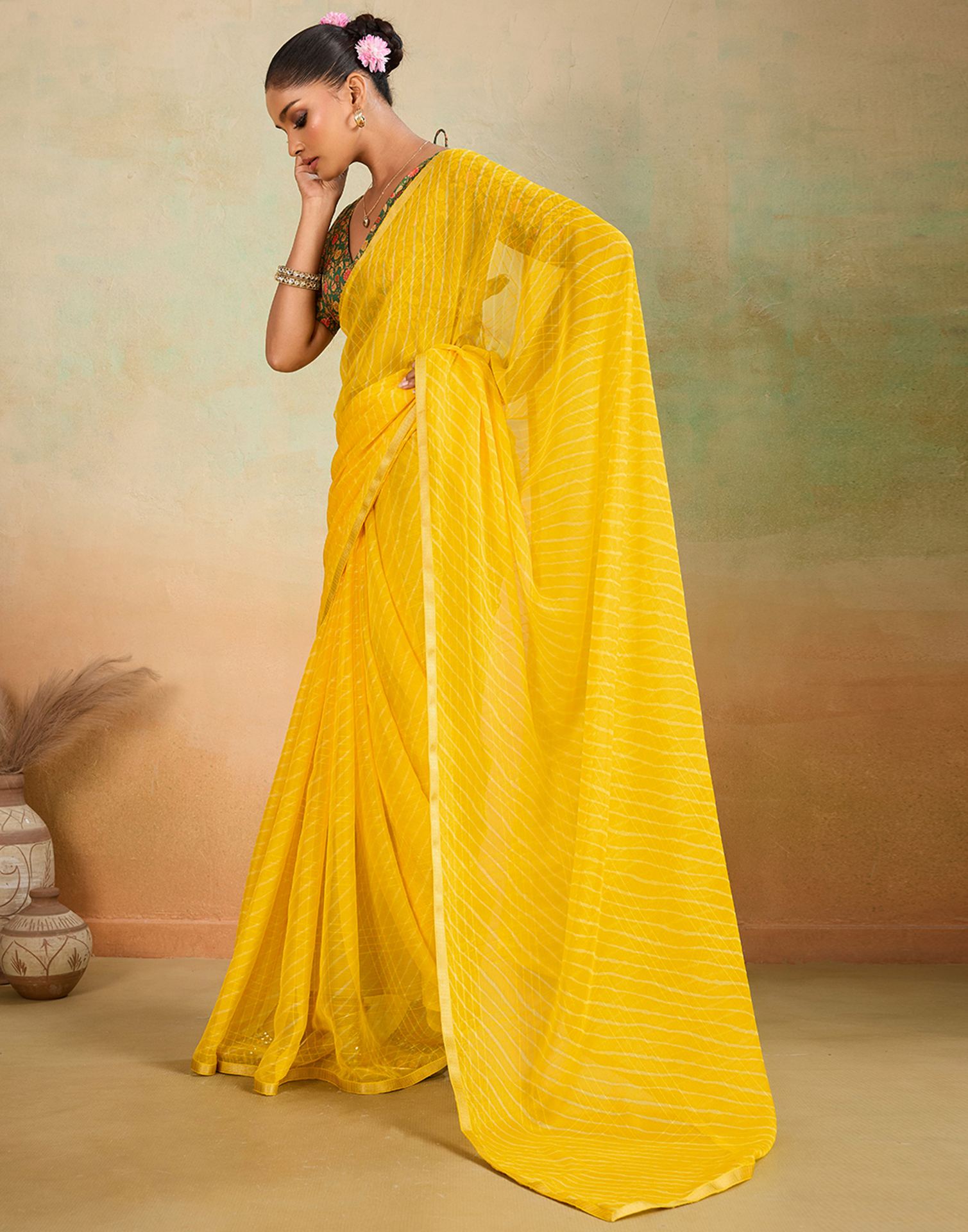Yellow Chiffon Laheriya Saree
