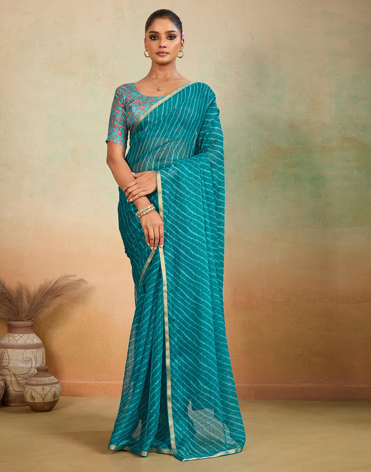 Teal Blue Chiffon Laheriya Saree