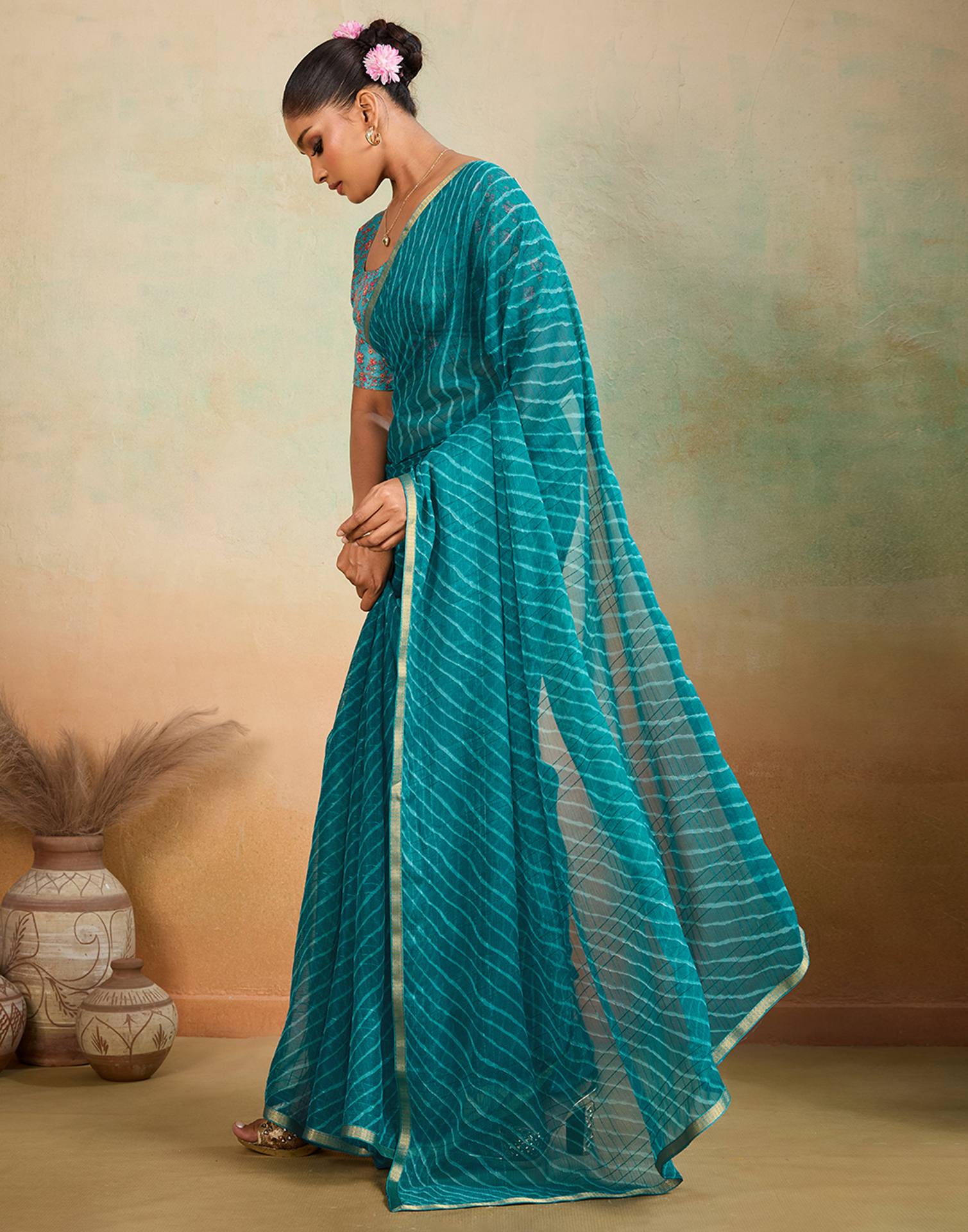 Teal Blue Chiffon Laheriya Saree