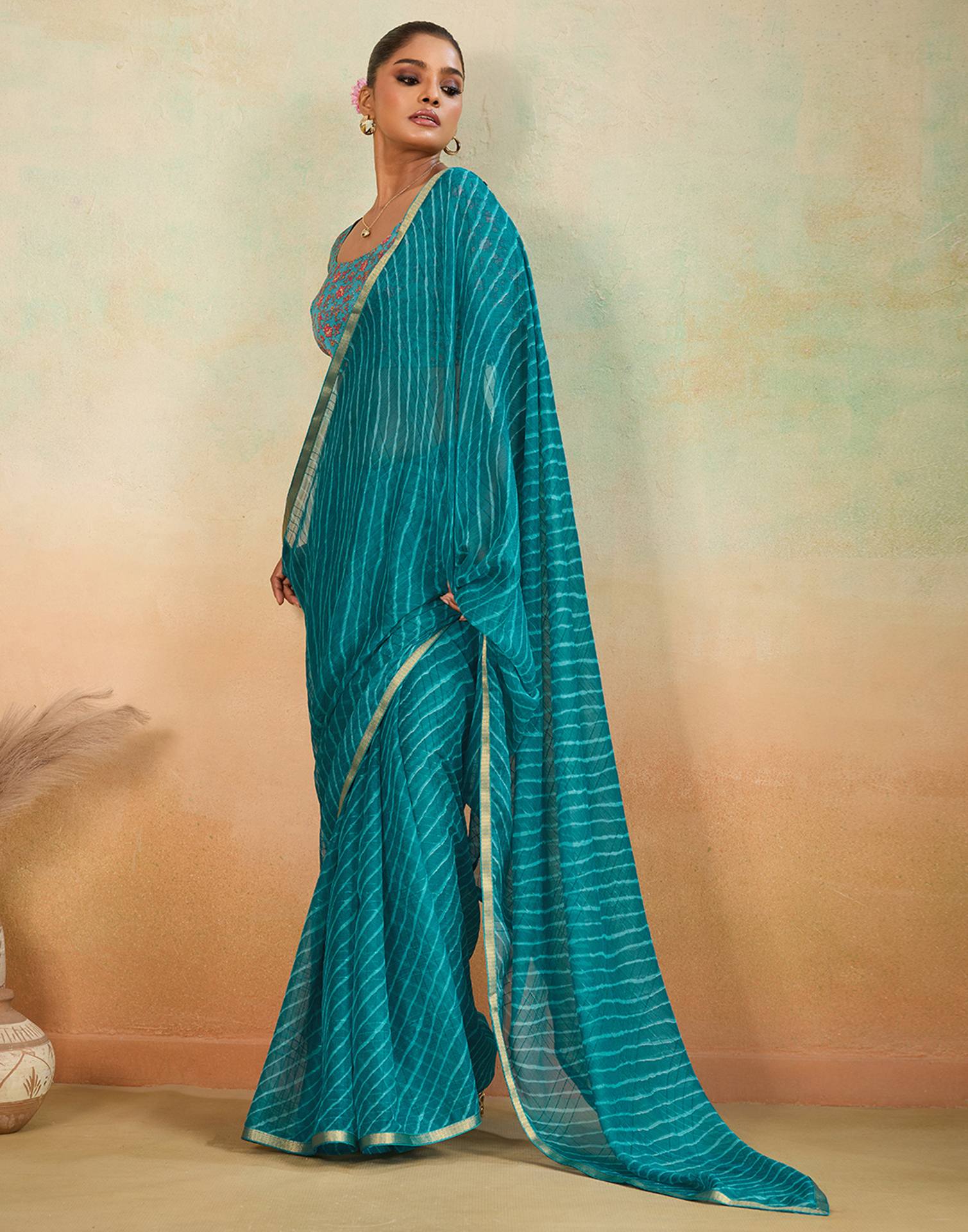 Teal Blue Chiffon Laheriya Saree