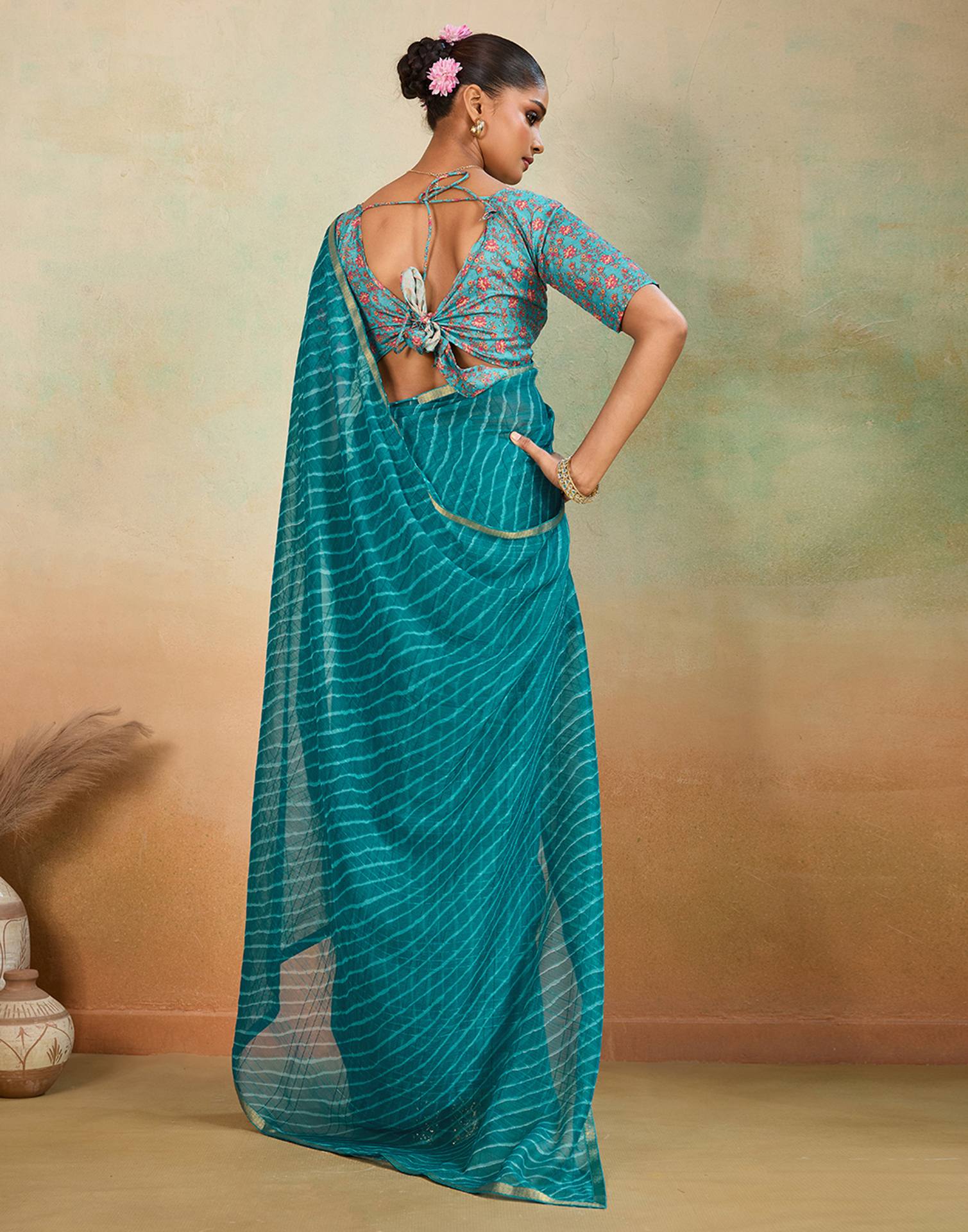 Teal Blue Chiffon Laheriya Saree