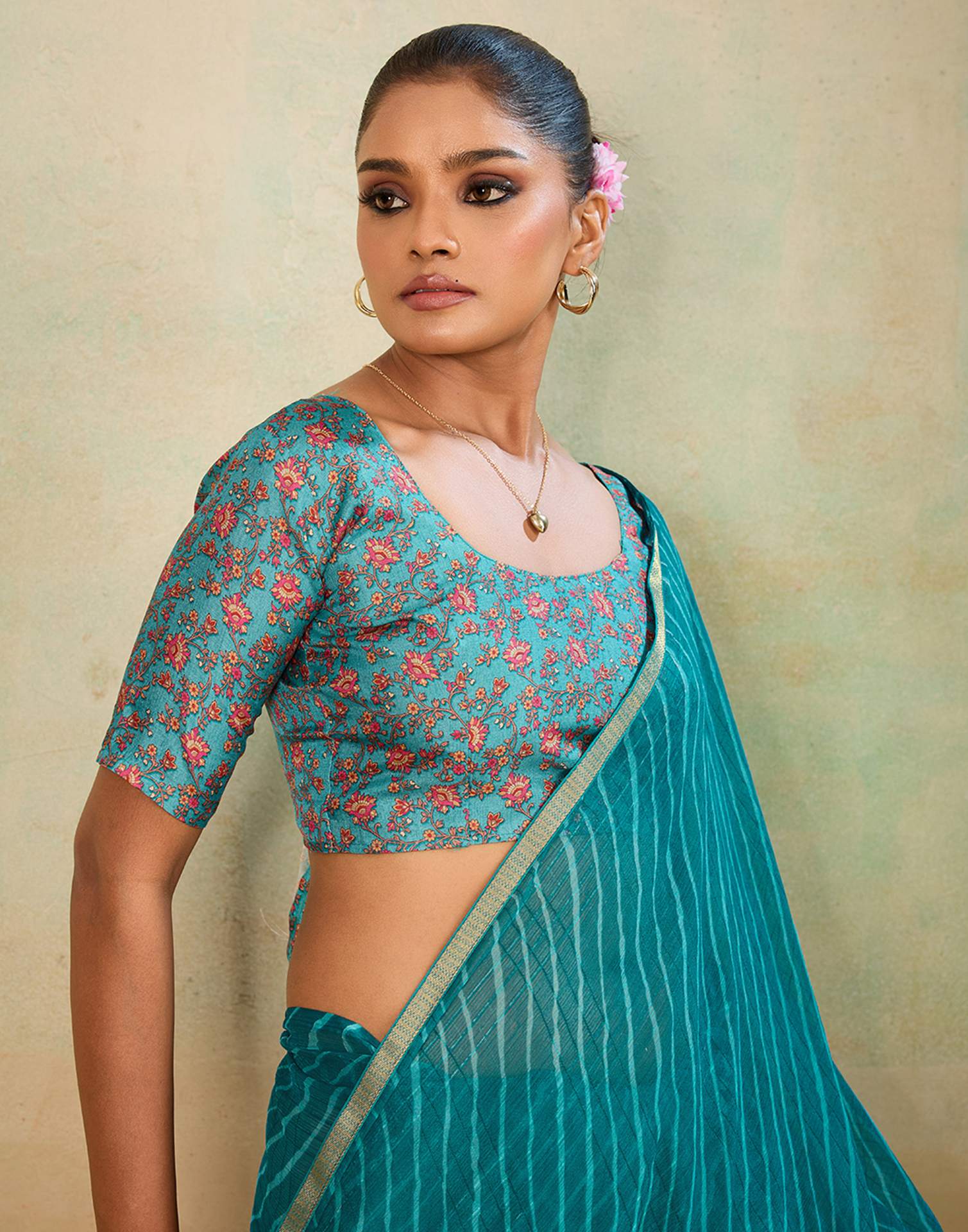 Teal Blue Chiffon Laheriya Saree