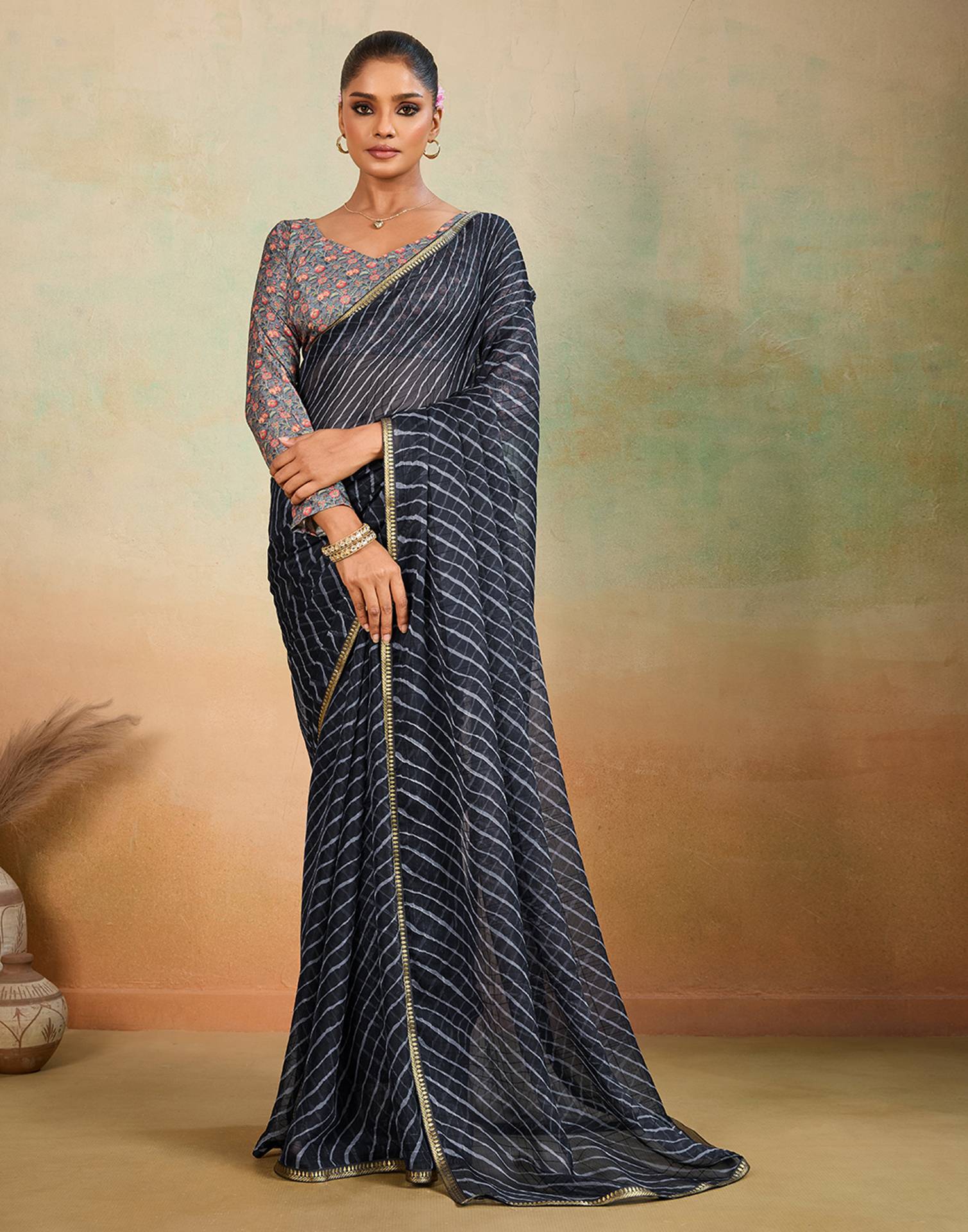 Black Chiffon Laheriya Saree