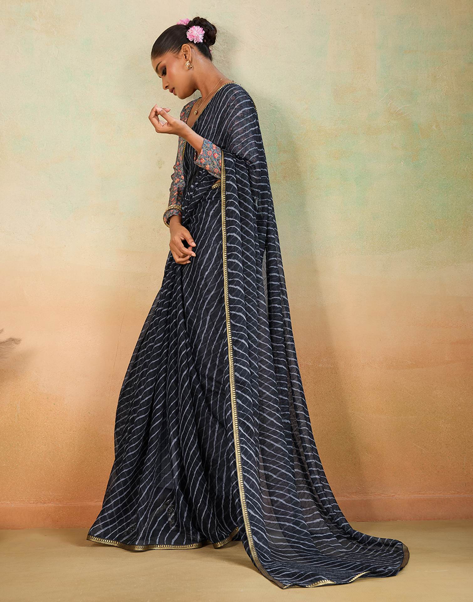 Black Chiffon Laheriya Saree