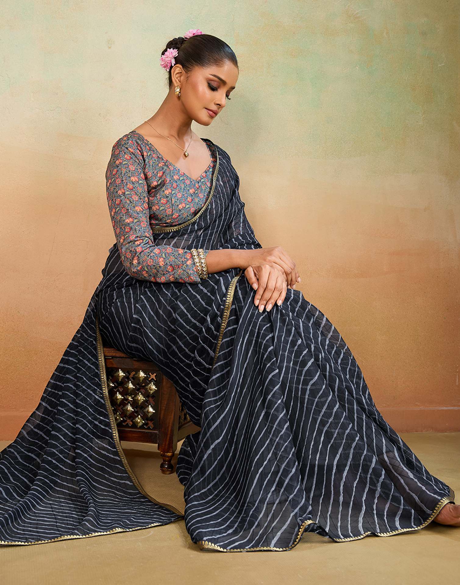 Black Chiffon Laheriya Saree