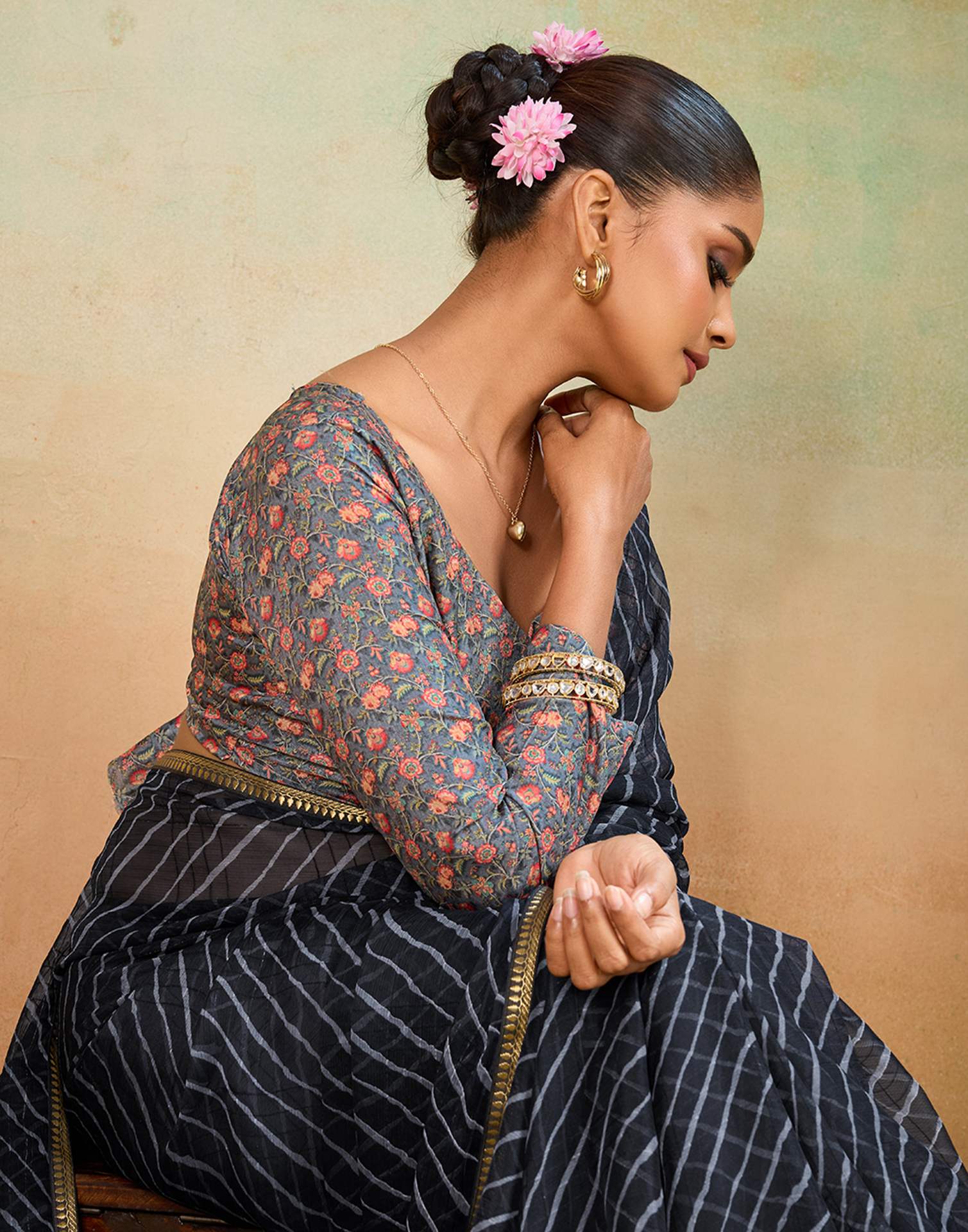 Black Chiffon Laheriya Saree
