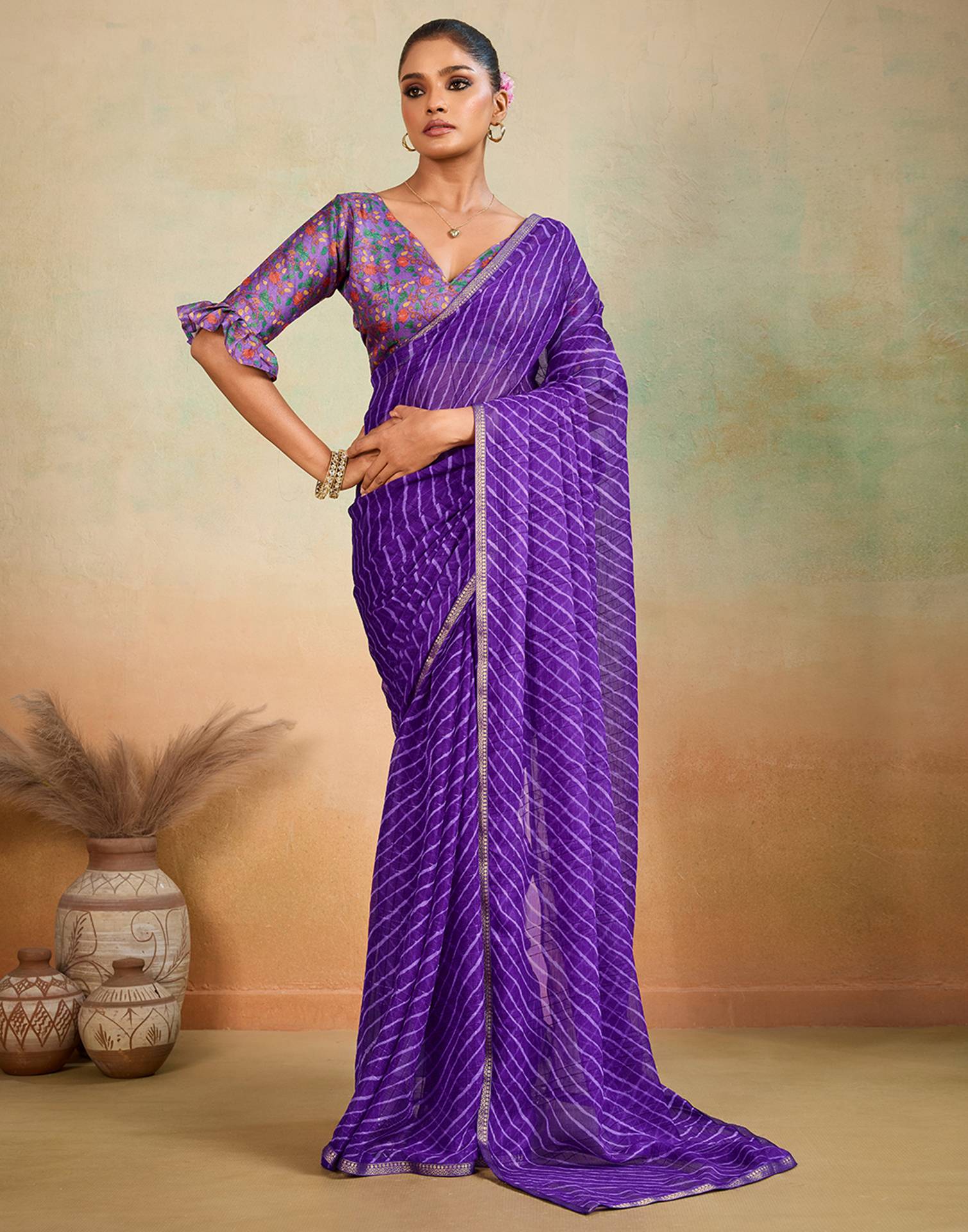 Purple Chiffon Laheriya Saree