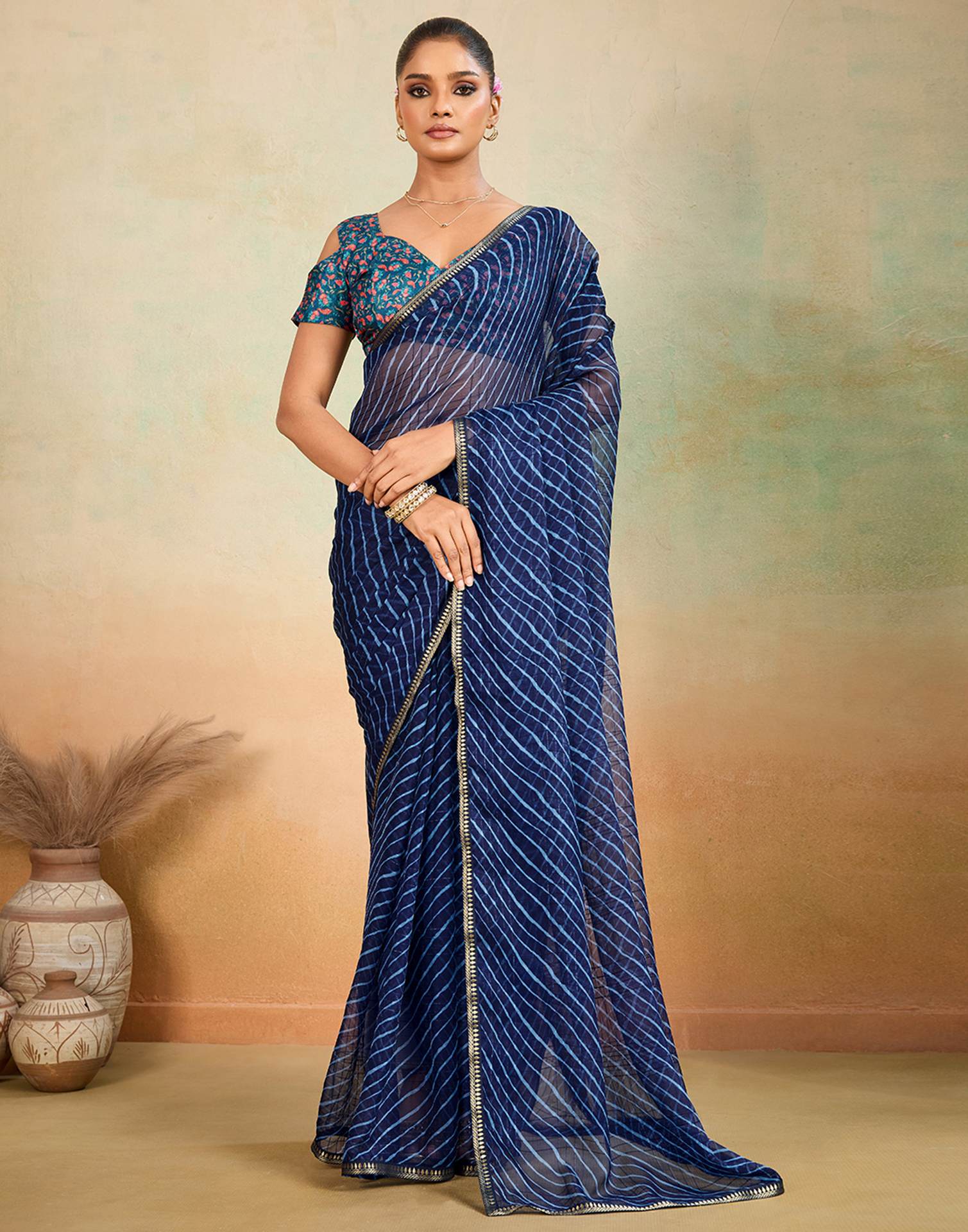 Navy Blue Chiffon Laheriya Saree