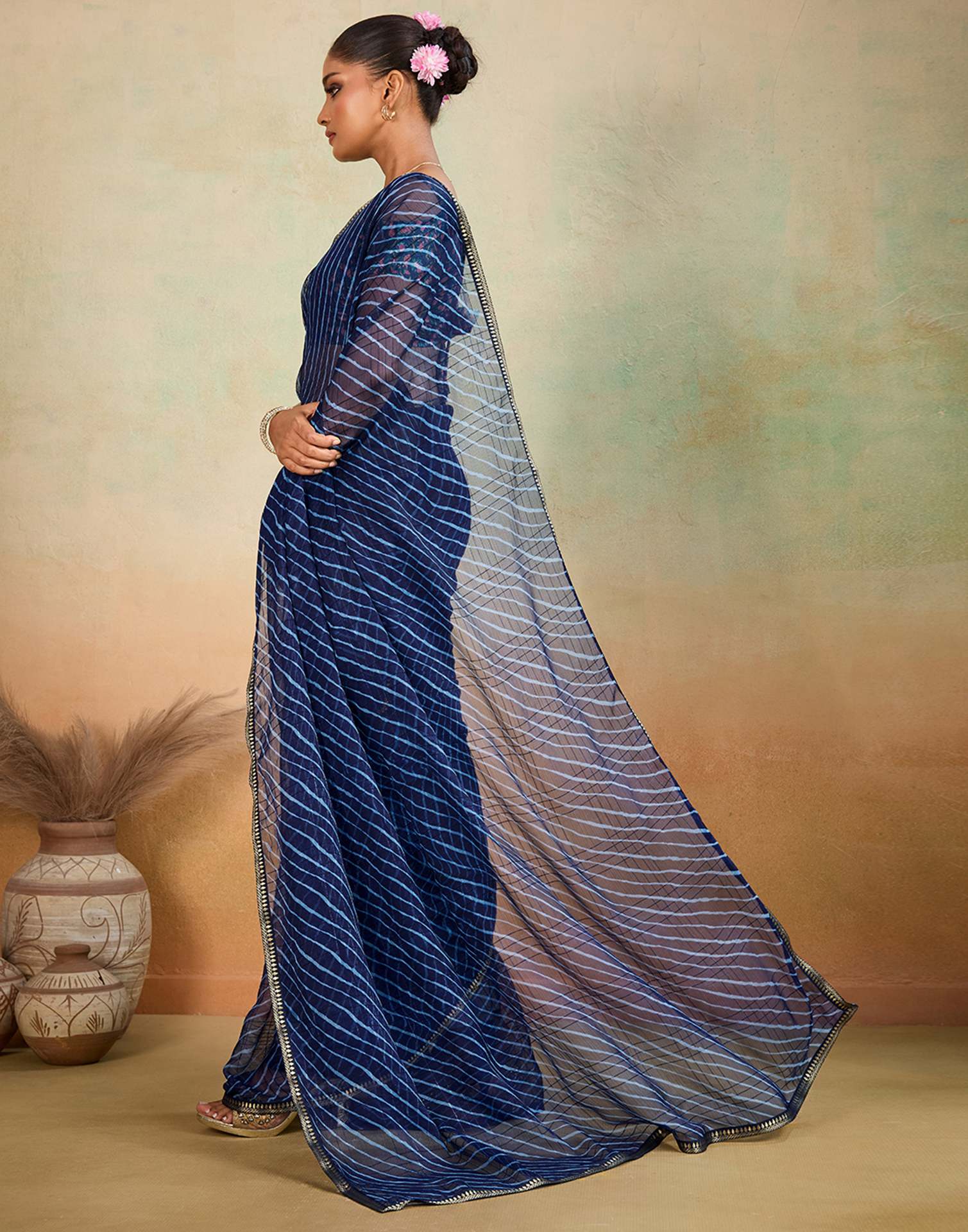 Navy Blue Chiffon Laheriya Saree
