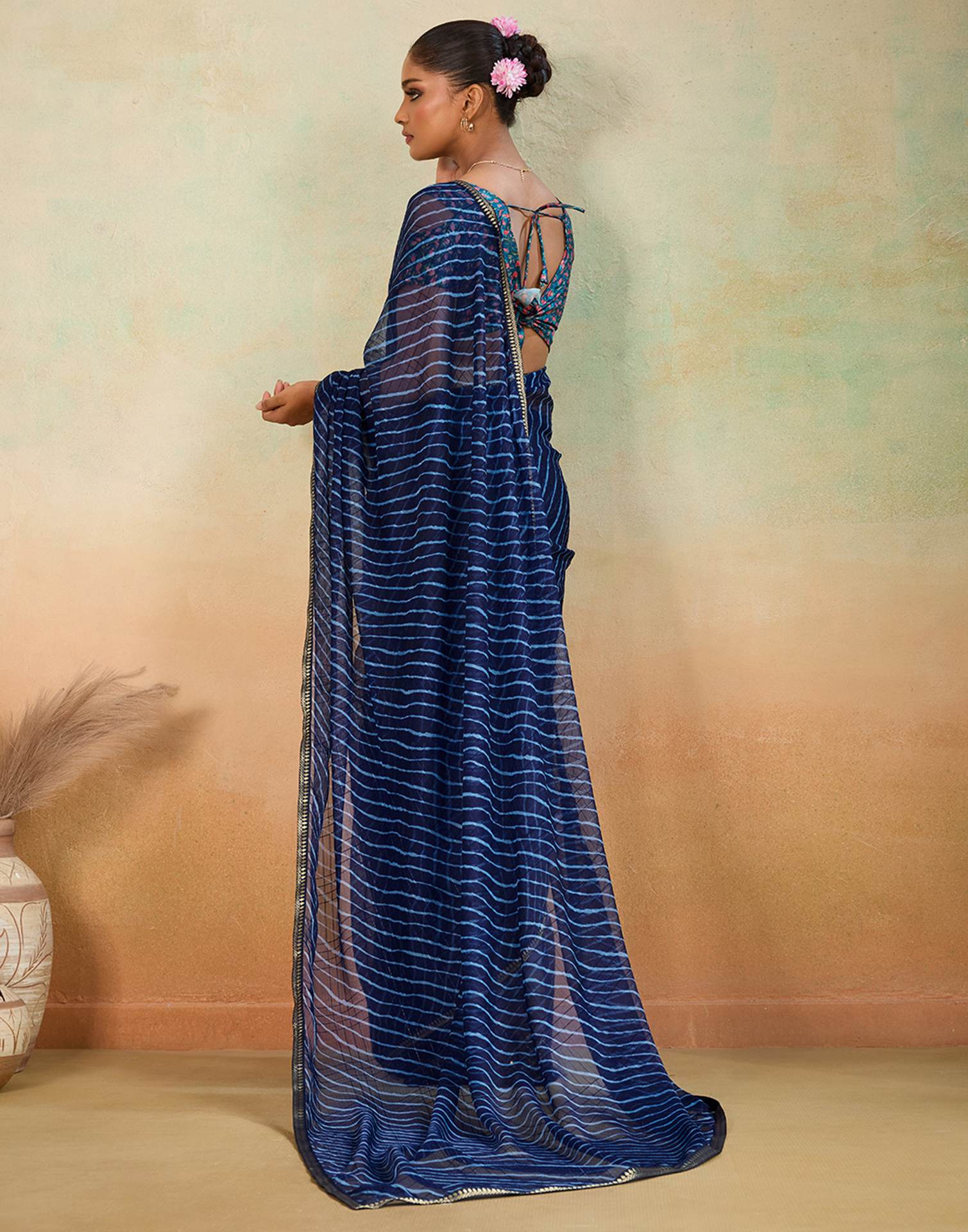Navy Blue Chiffon Laheriya Saree