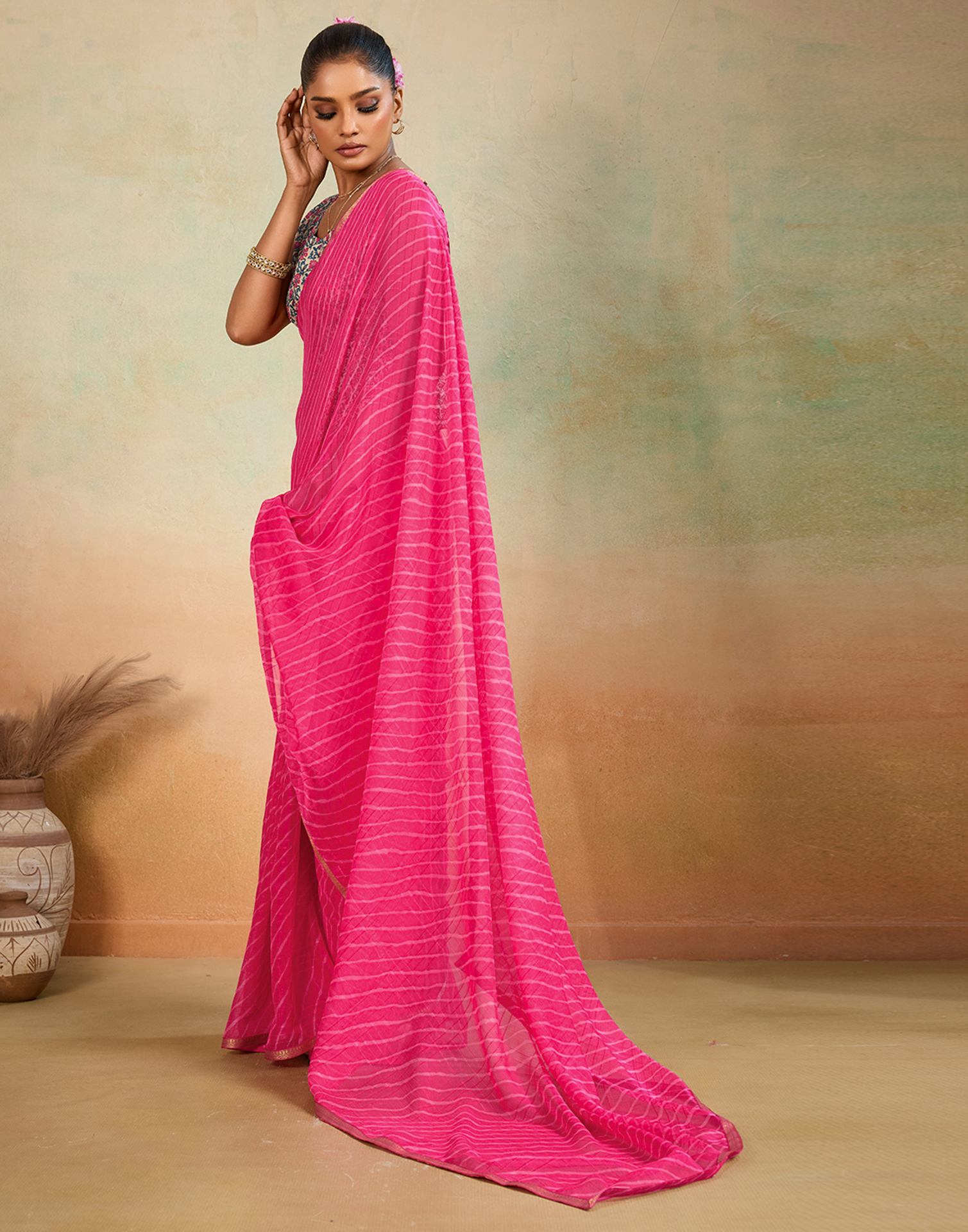 Dark Pink Chiffon Laheriya Saree