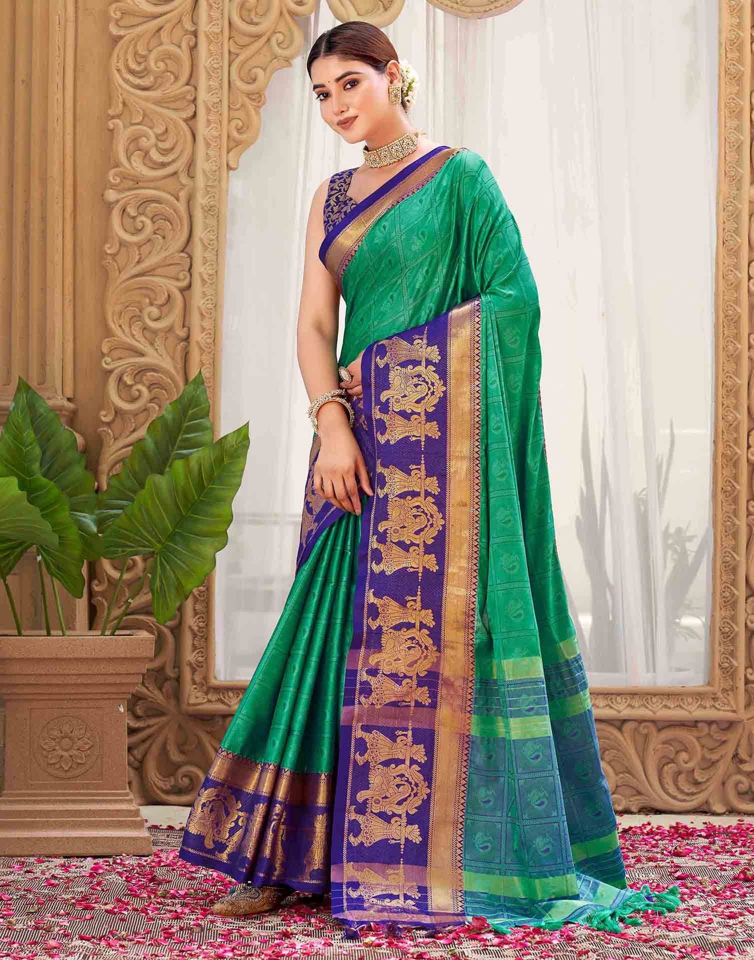 Teal Green Silk Woven Kanjivaram Saree