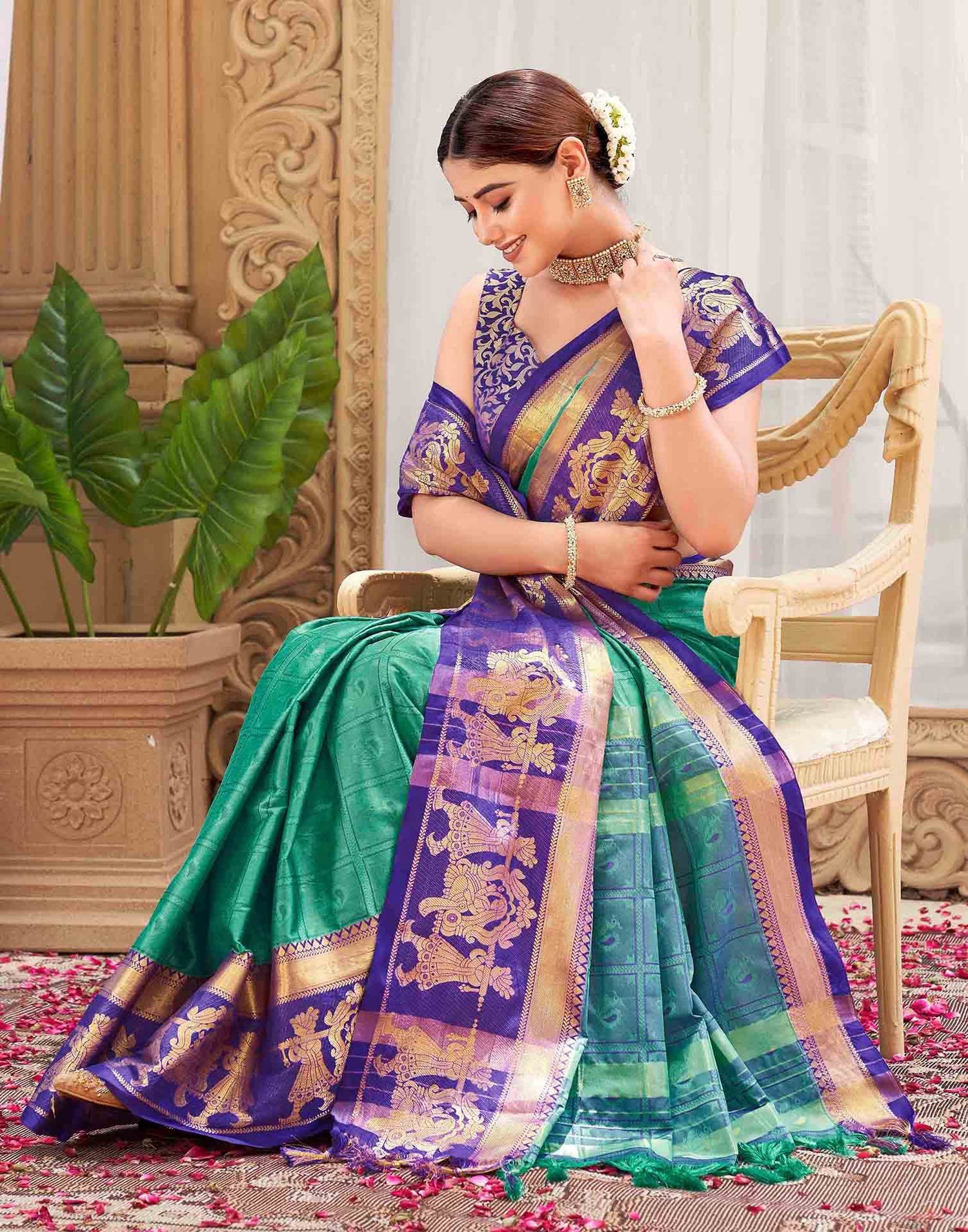 Teal Green Silk Woven Kanjivaram Saree