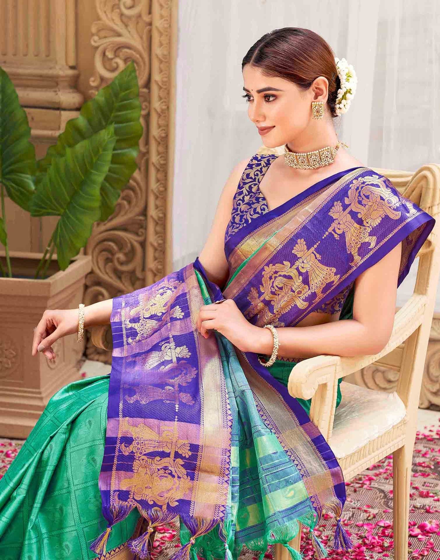 Teal Green Silk Woven Kanjivaram Saree