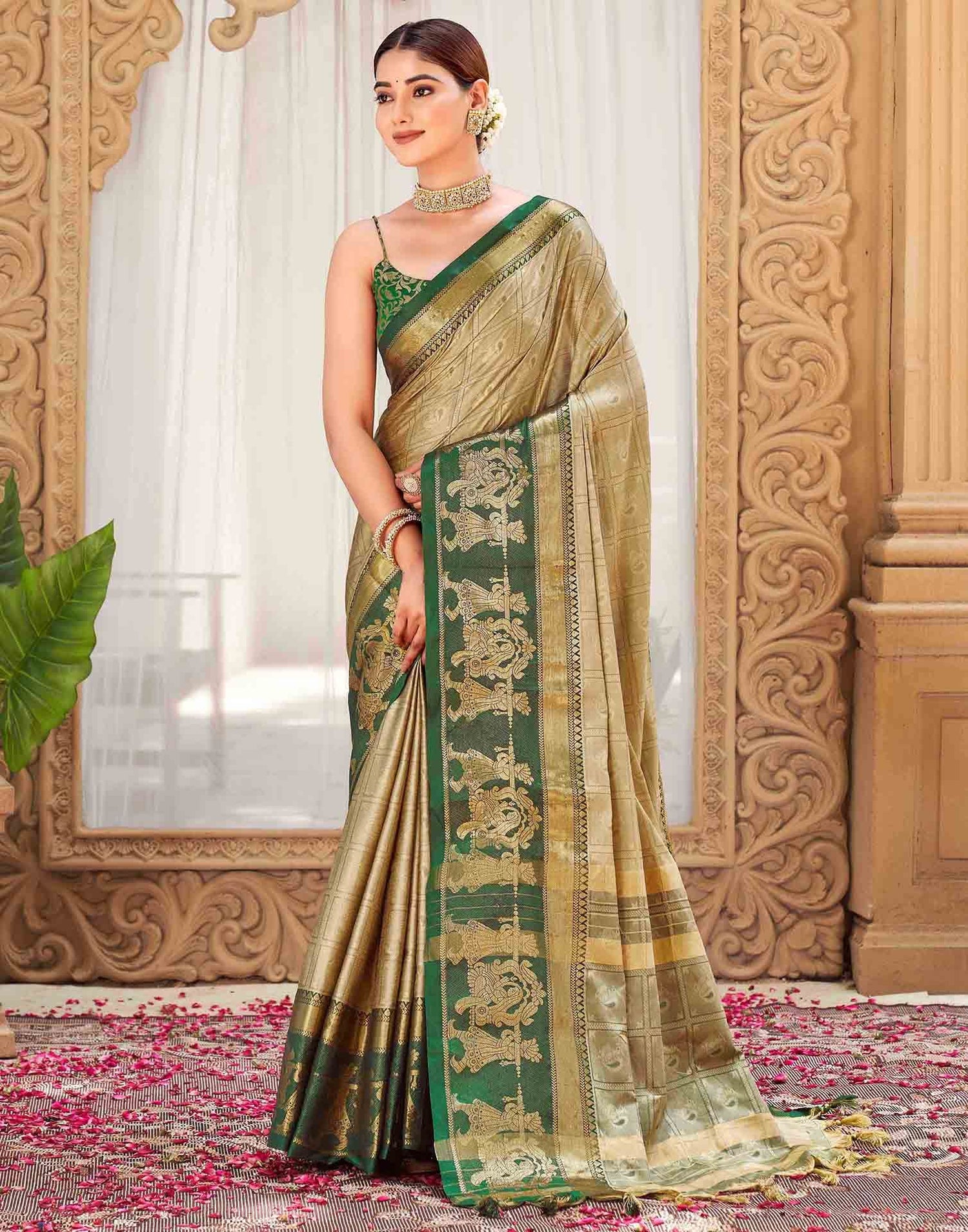 Khaki Silk Woven Kanjivaram Saree