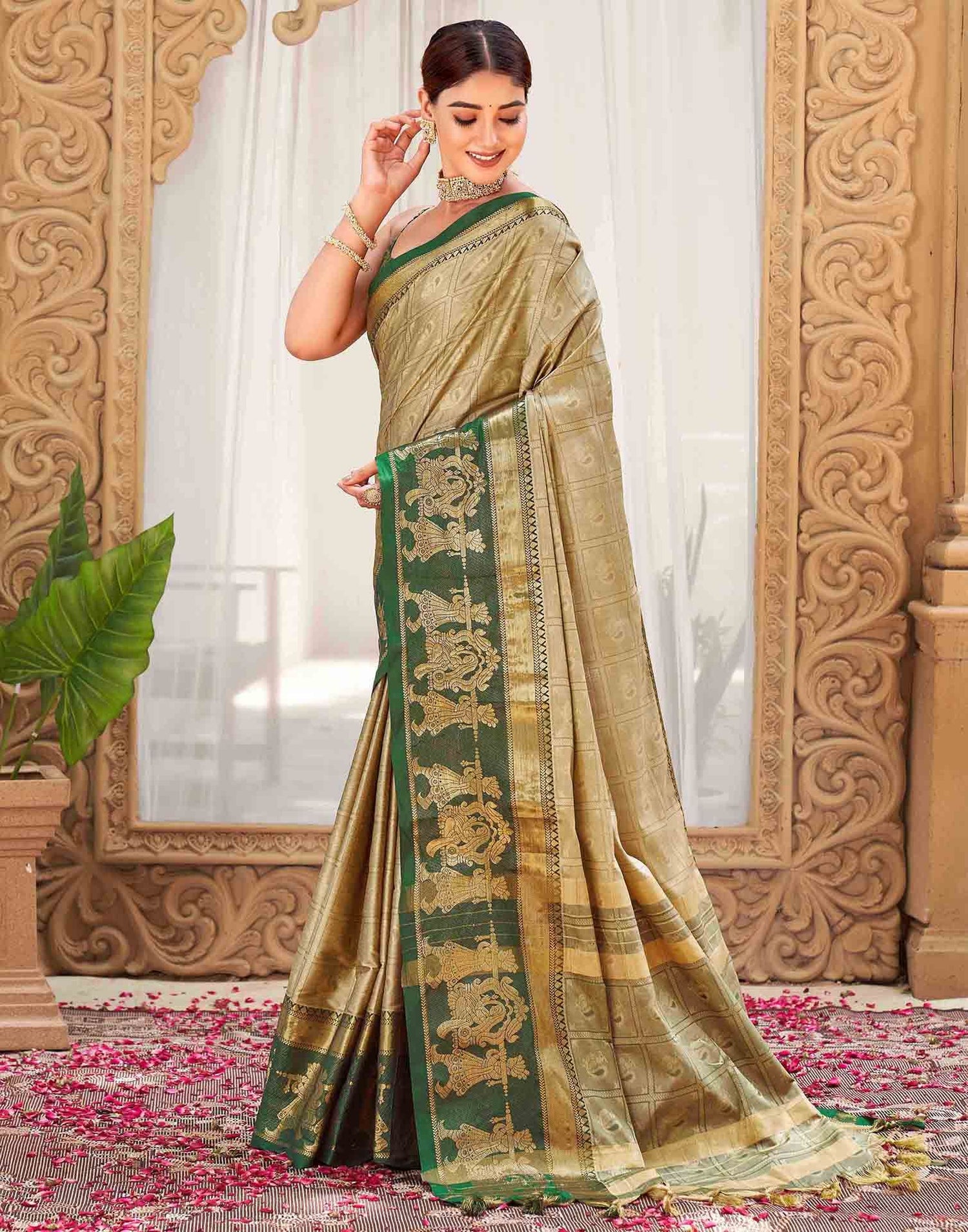 Khaki Silk Woven Kanjivaram Saree