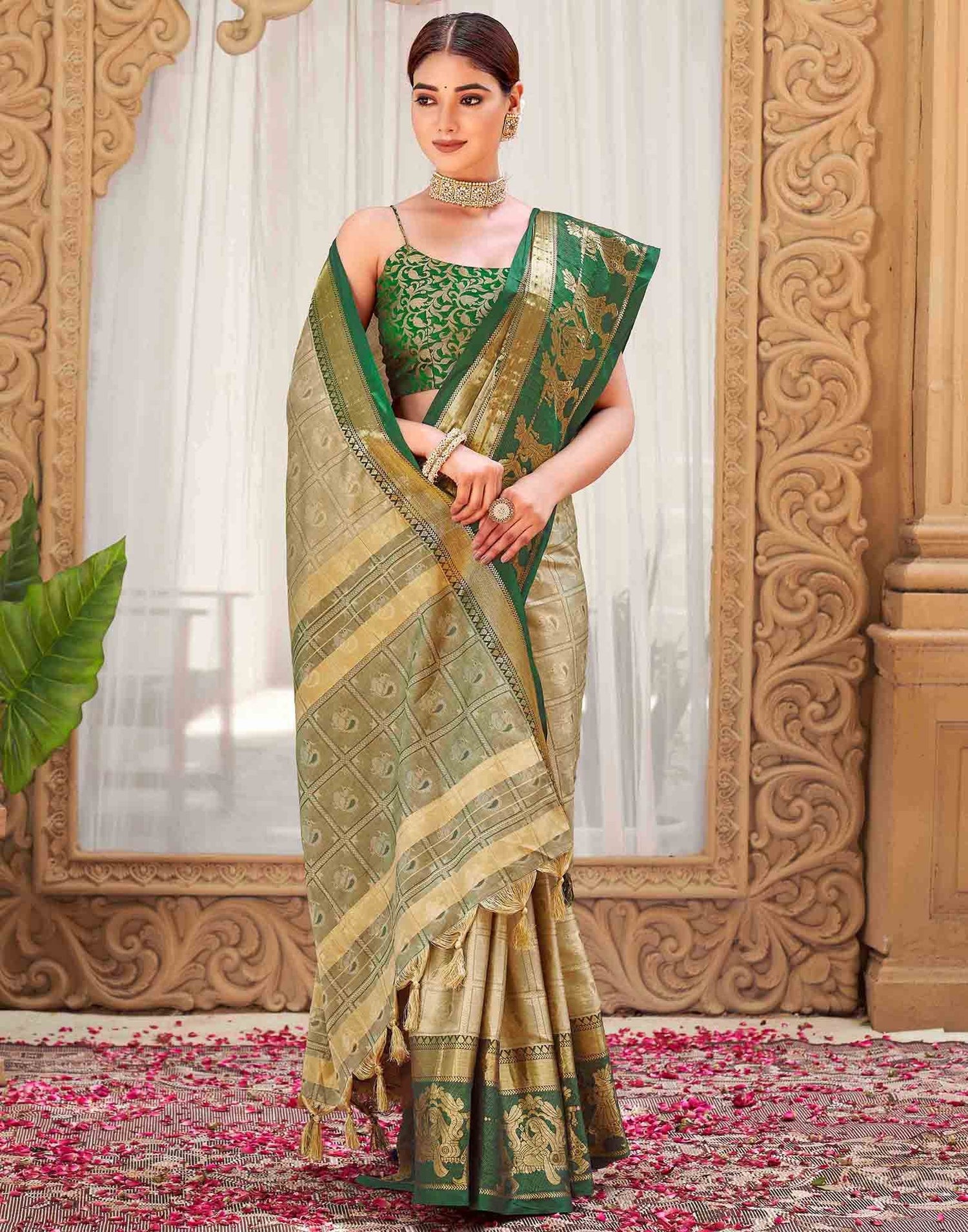 Khaki Silk Woven Kanjivaram Saree