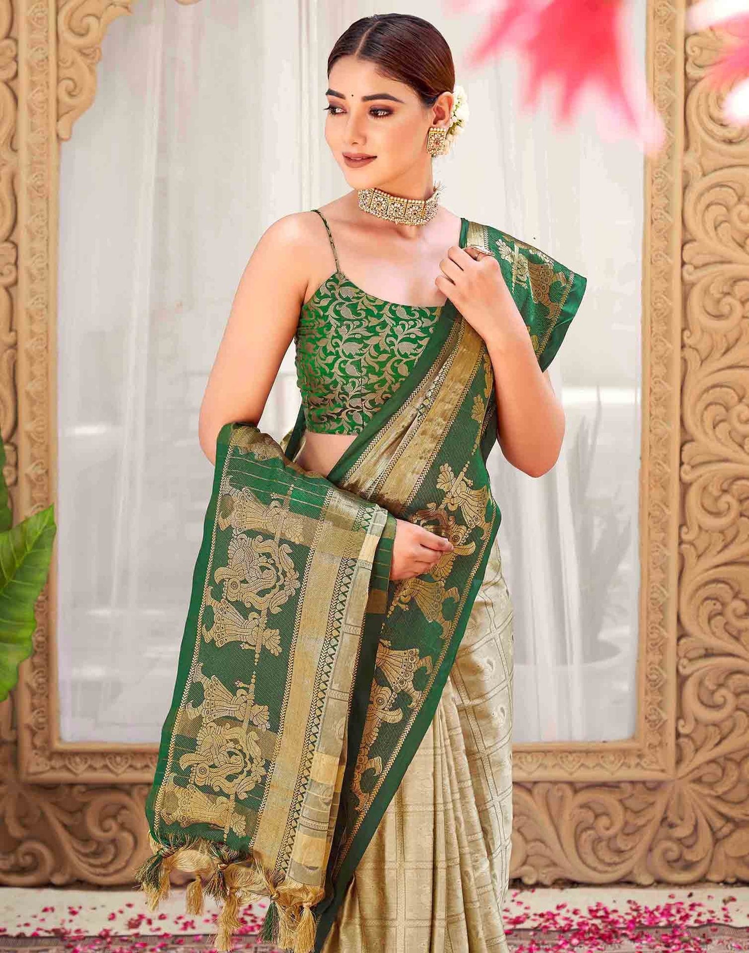 Khaki Silk Woven Kanjivaram Saree
