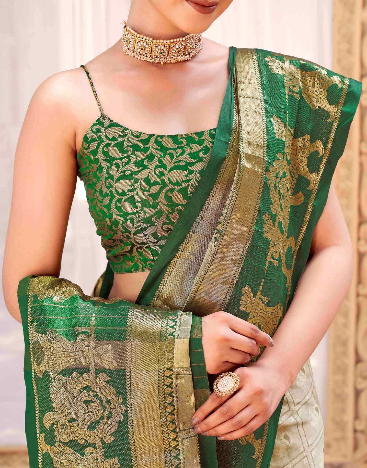 Khaki Silk Woven Kanjivaram Saree