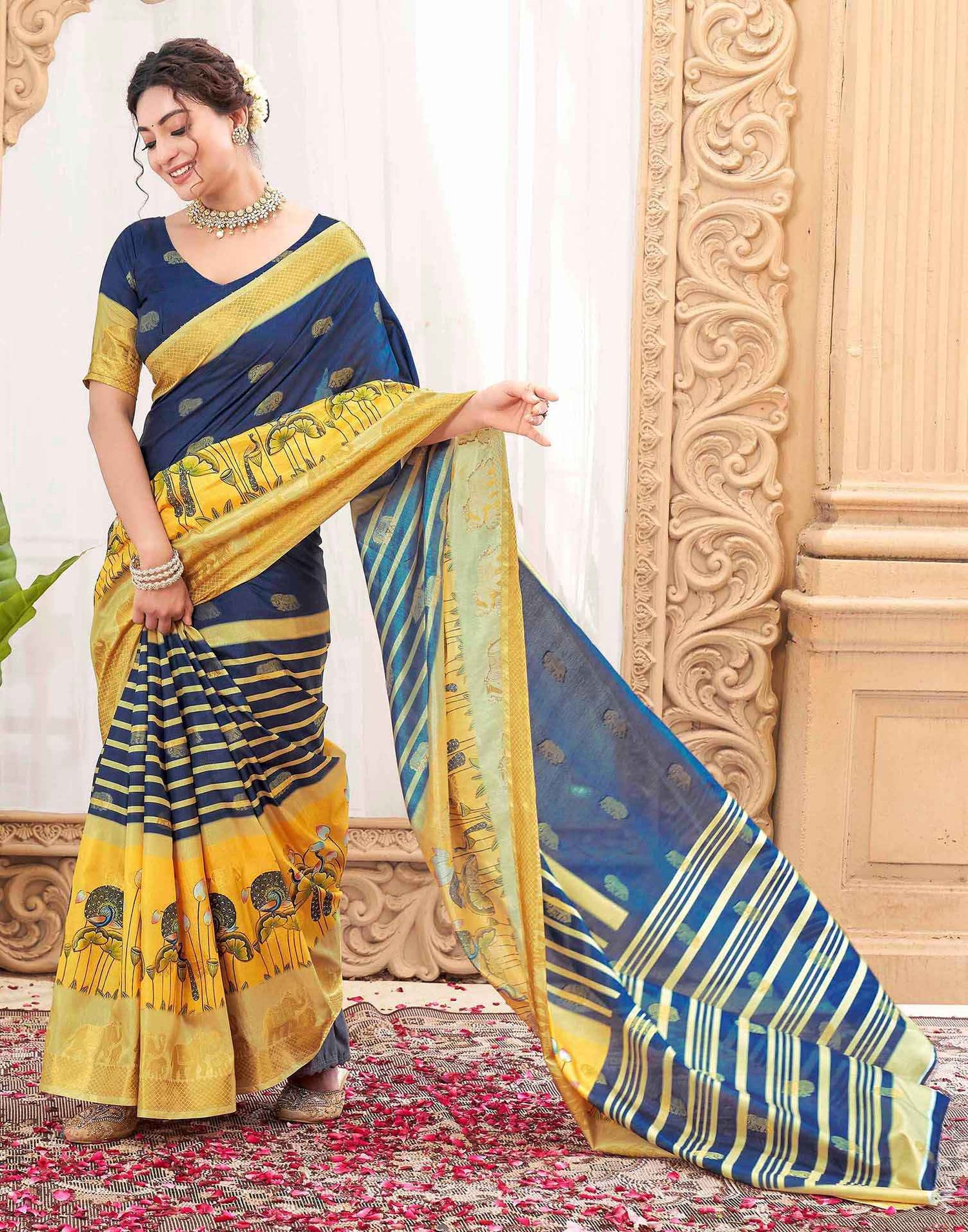 Navy Blue Silk Woven Kanjivaram Saree