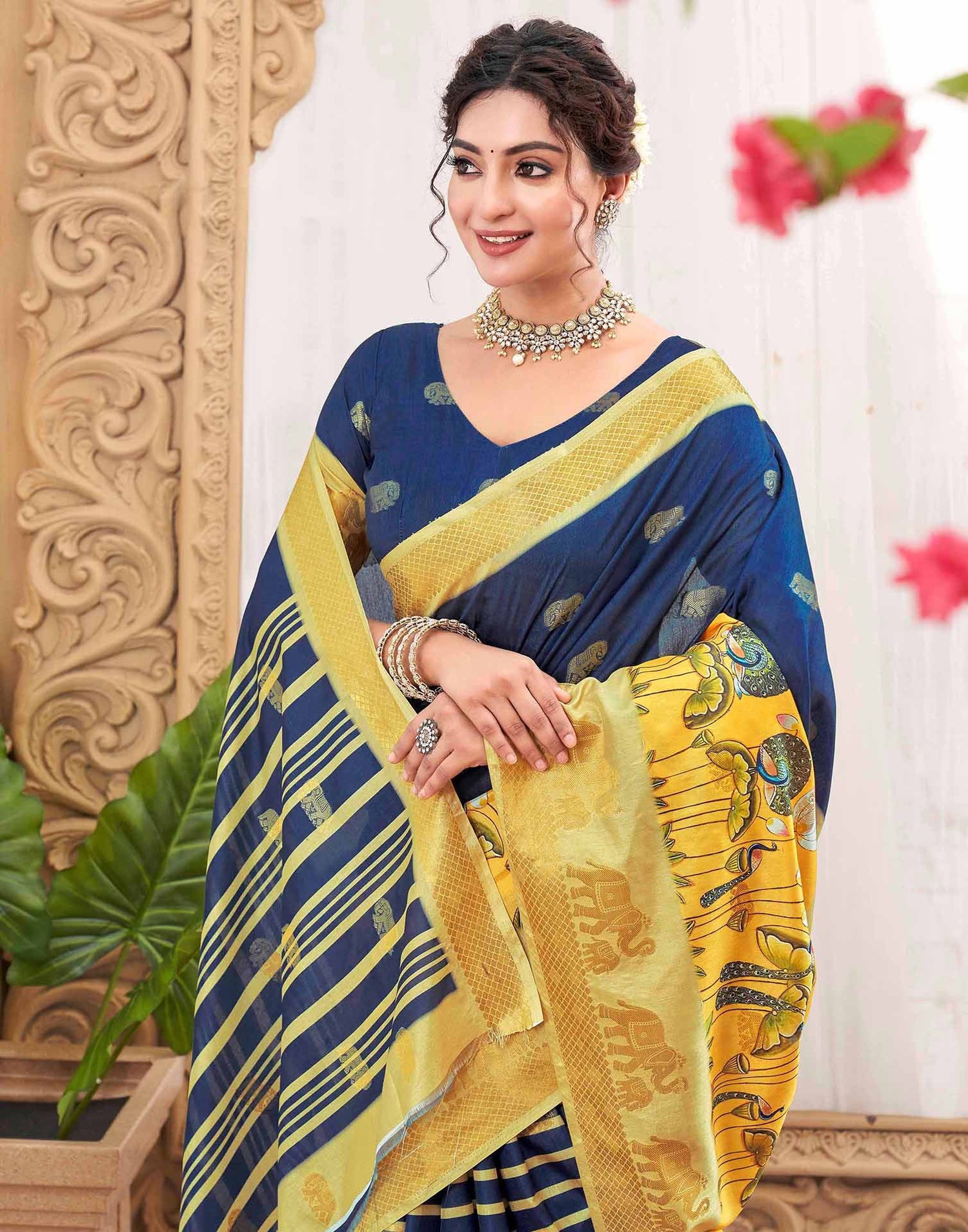 Navy Blue Silk Woven Kanjivaram Saree