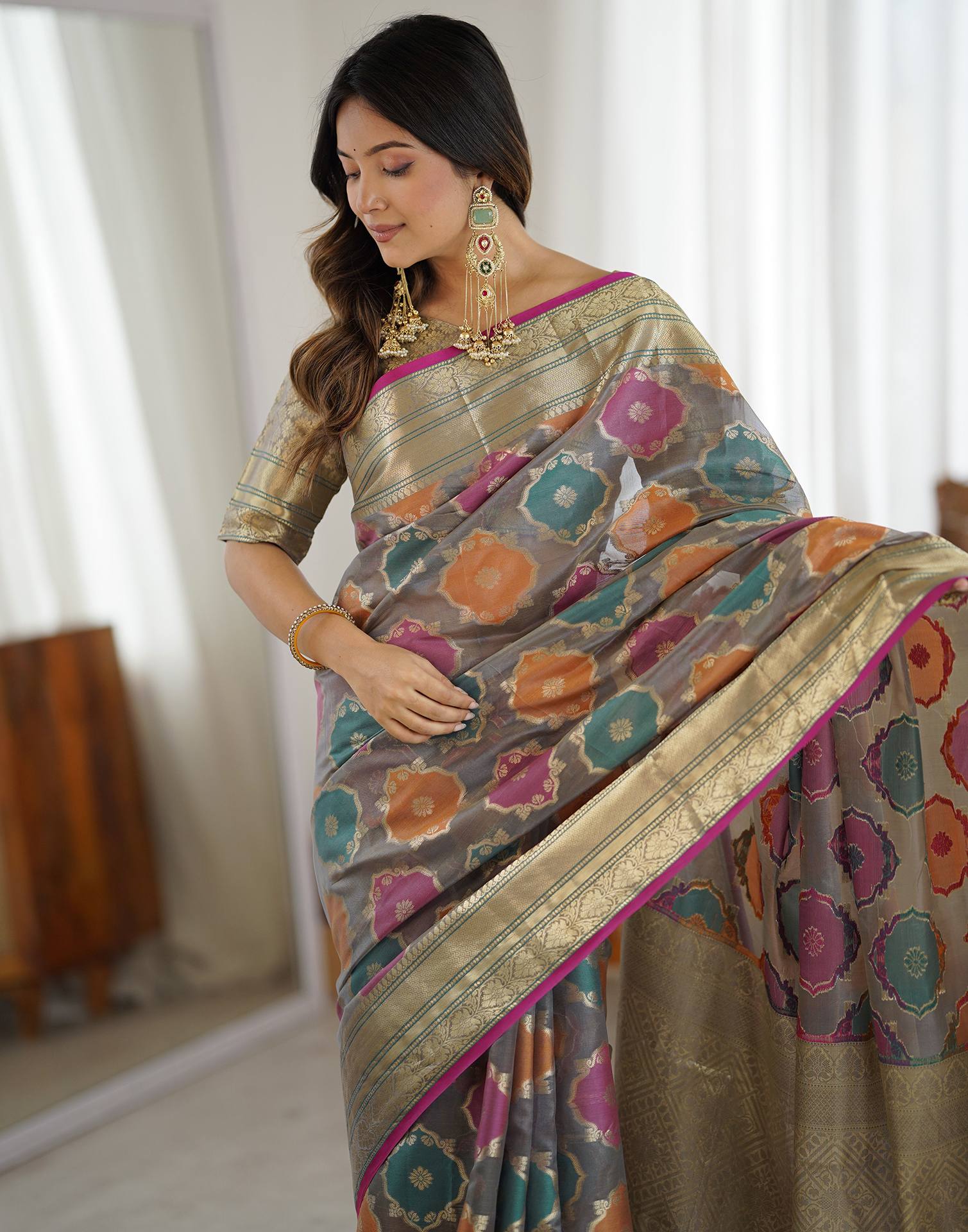 Grey Silk Woven Saree