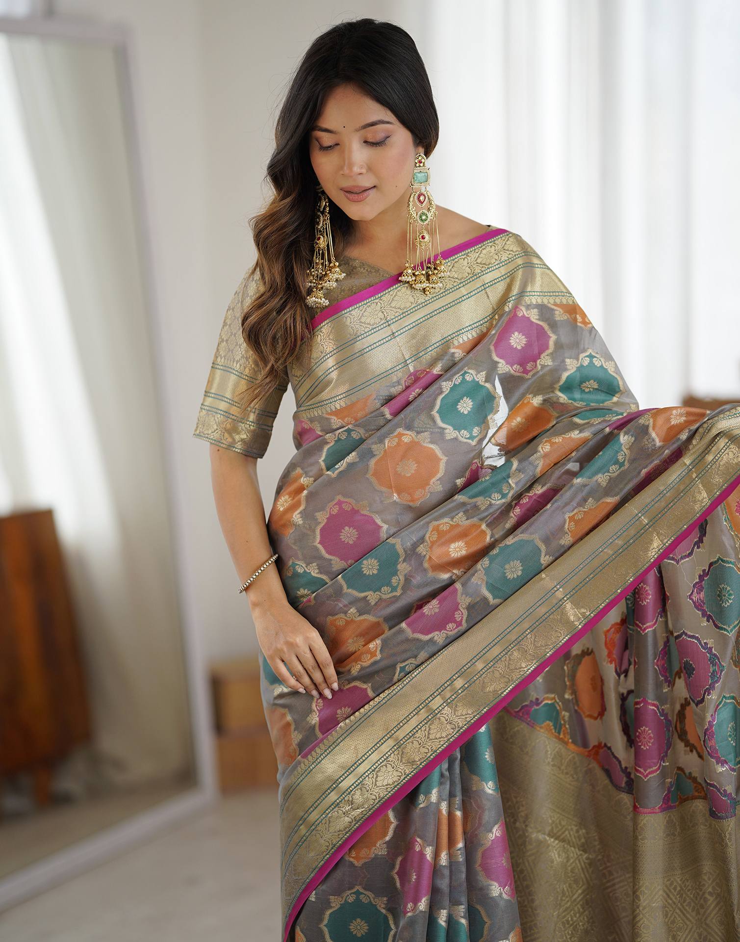 Grey Silk Woven Saree