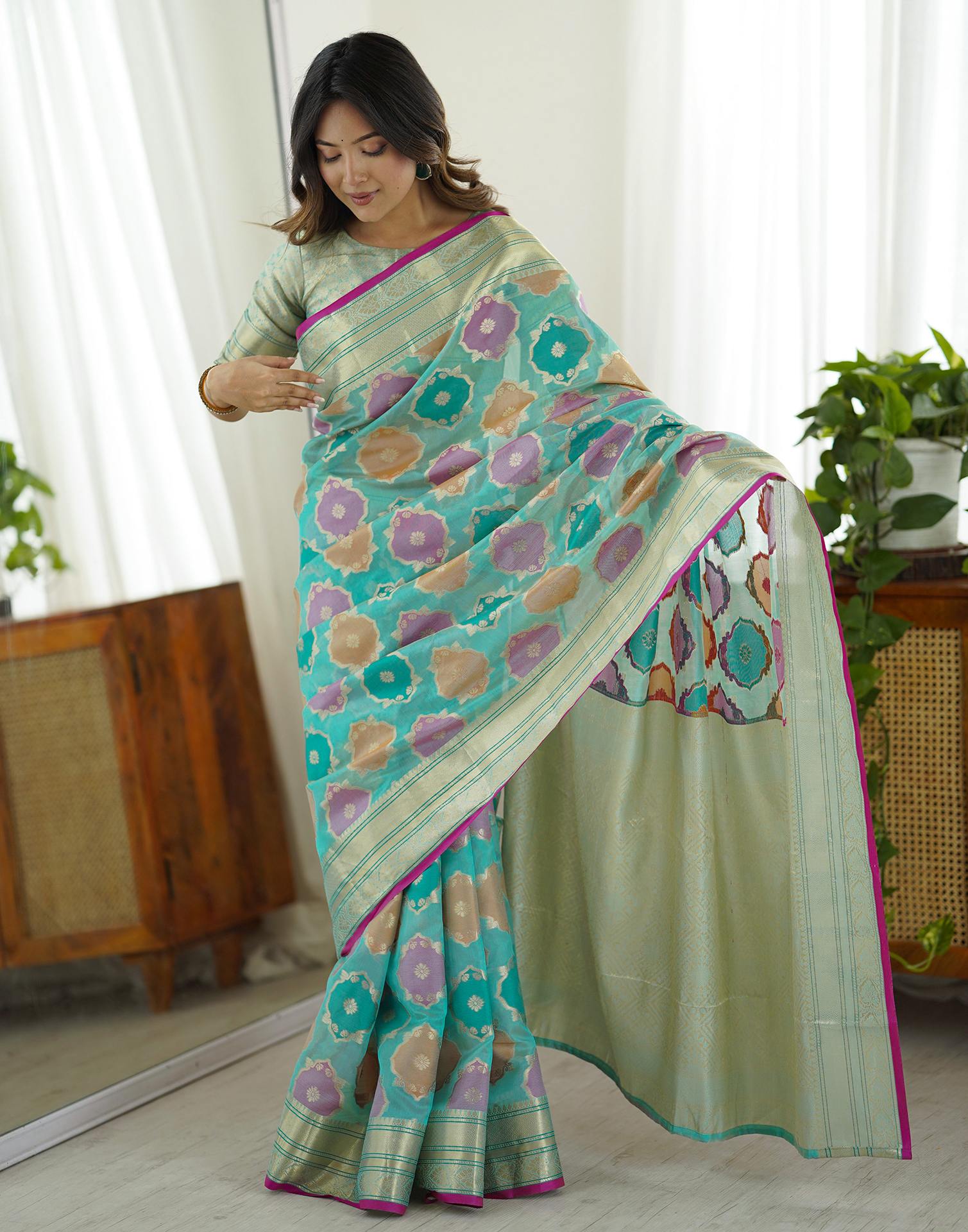 Light Turquoise Silk Woven Saree