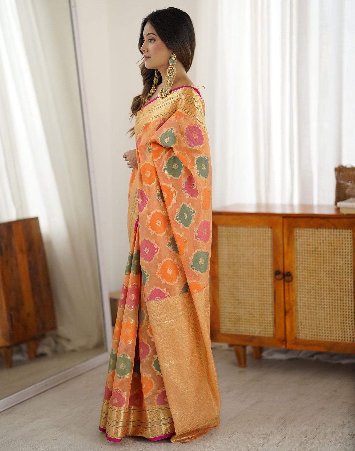 Peach Silk Woven Saree