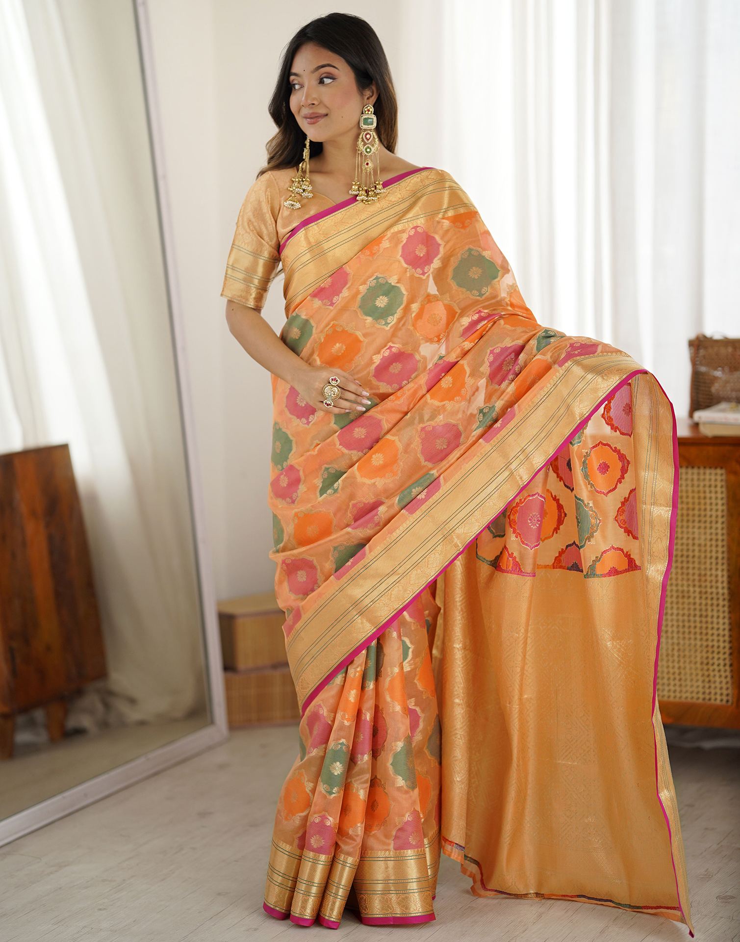 Peach Silk Woven Saree
