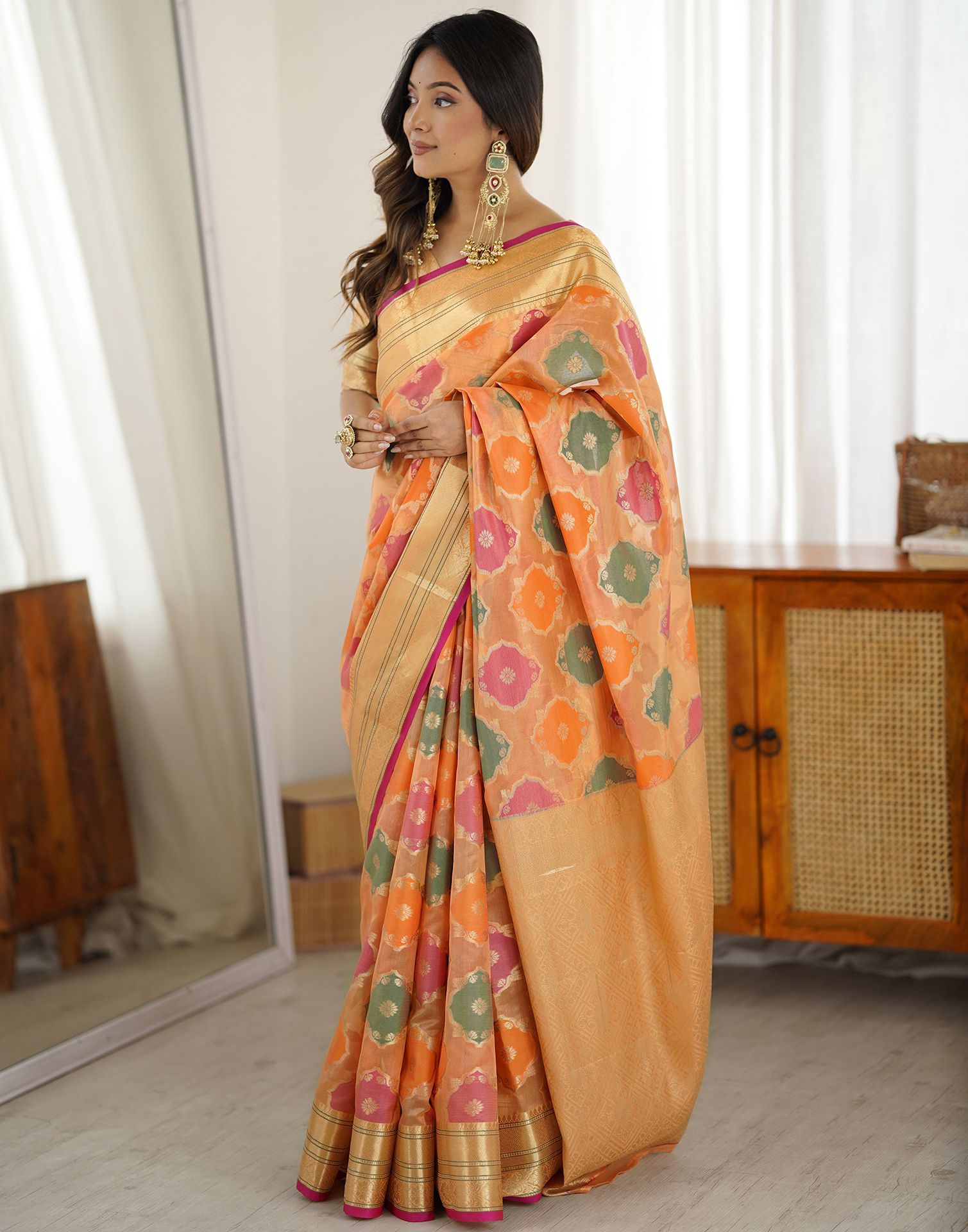 Peach Silk Woven Saree