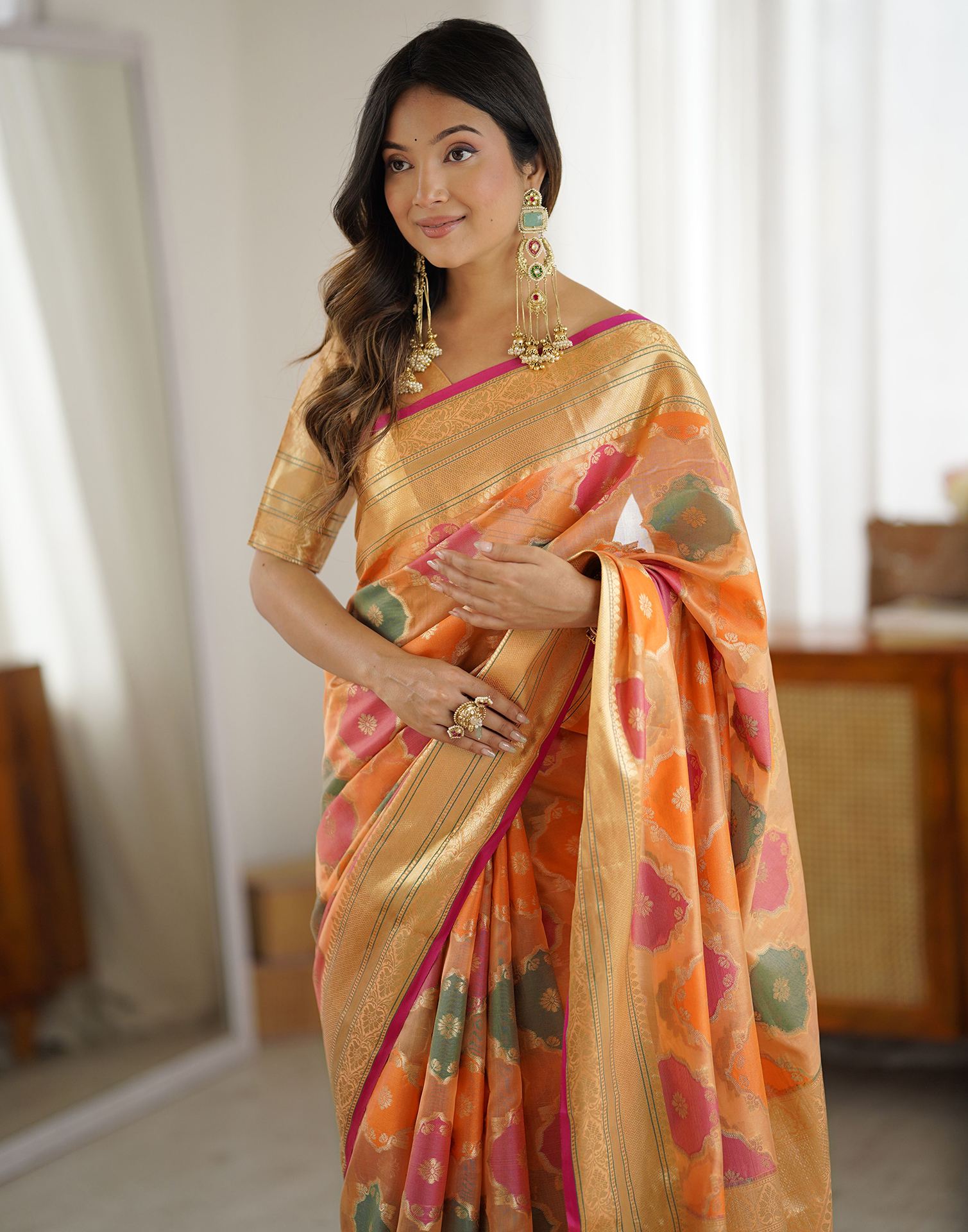 Peach Silk Woven Saree