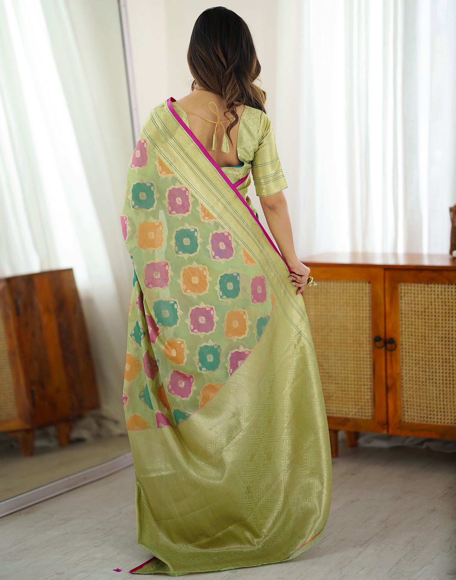 Pista Green Silk Woven Saree