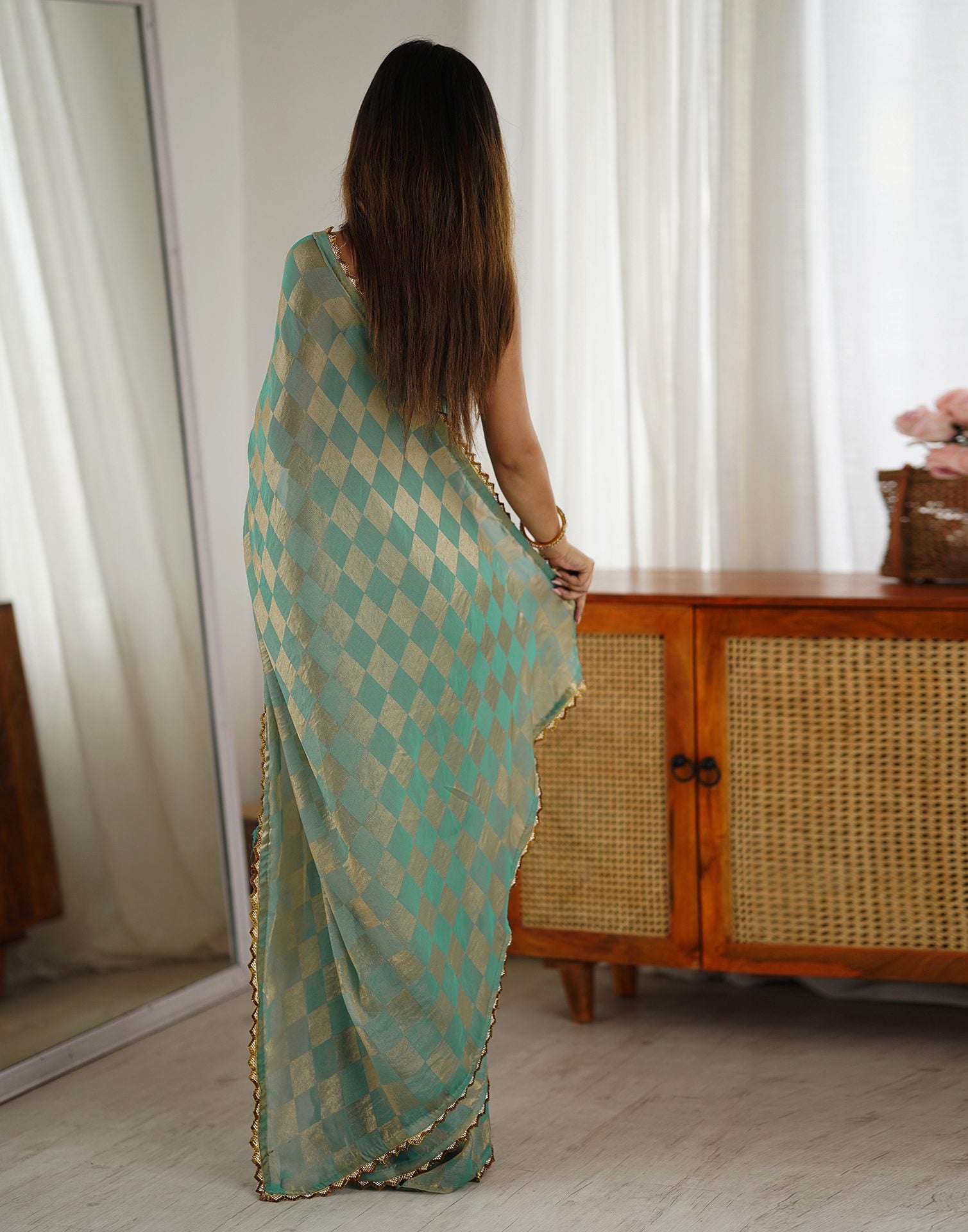 Teal Green Shimmer Woven Saree