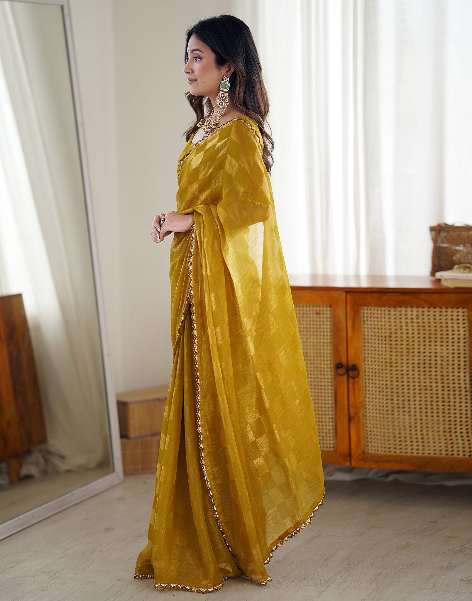 Mustard Yellow Shimmer Woven Saree