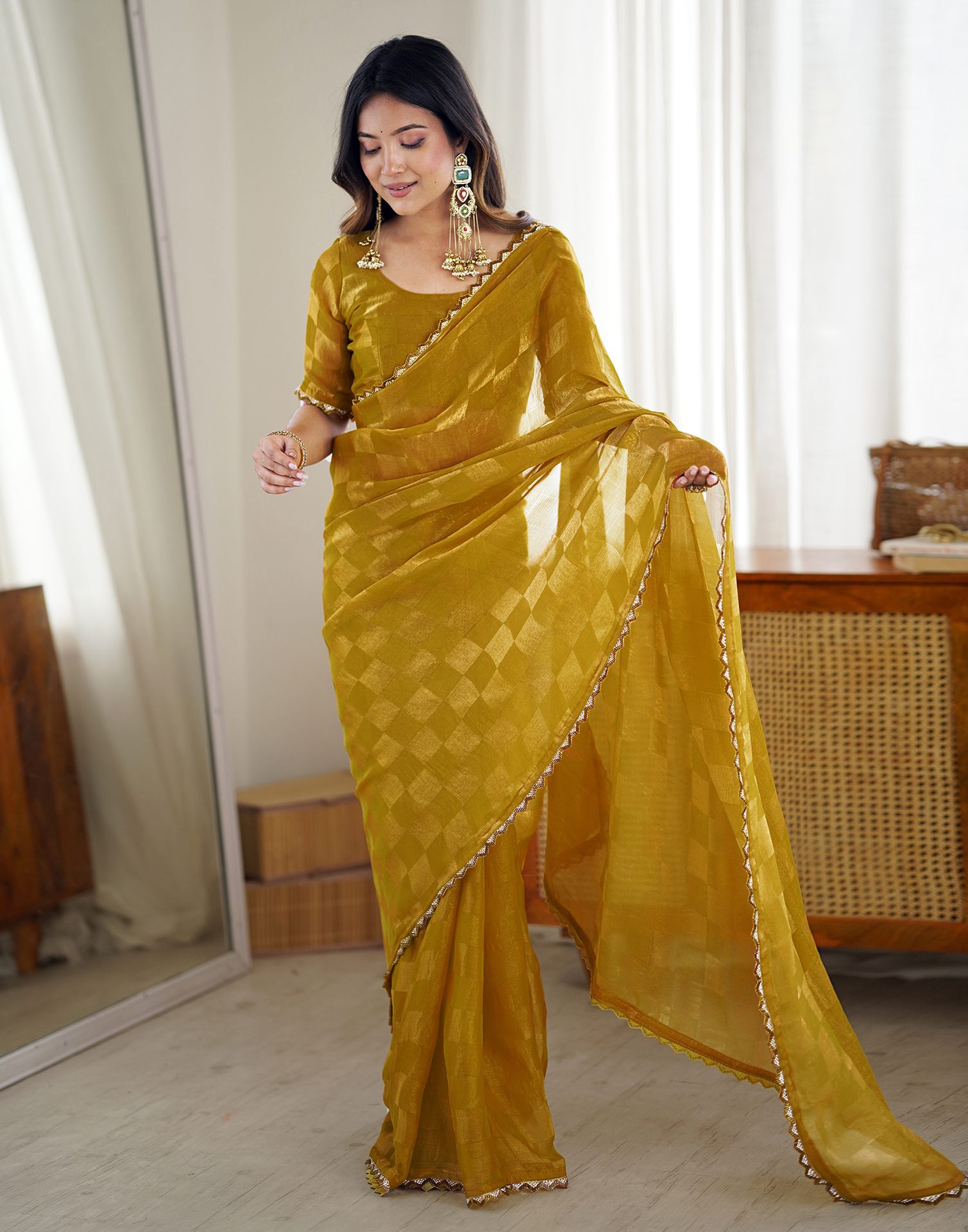 Mustard Yellow Shimmer Woven Saree