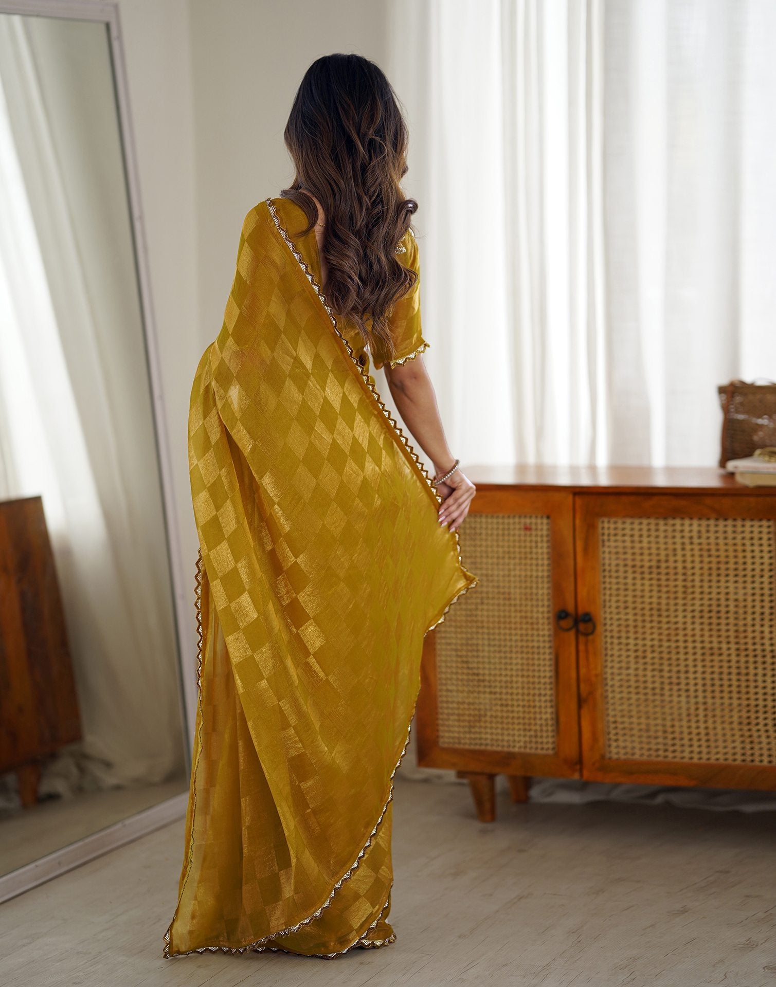 Mustard Yellow Shimmer Woven Saree