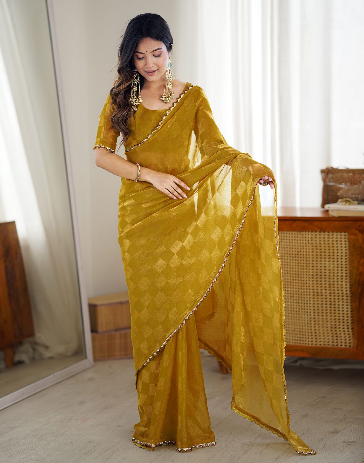 Mustard Yellow Shimmer Woven Saree