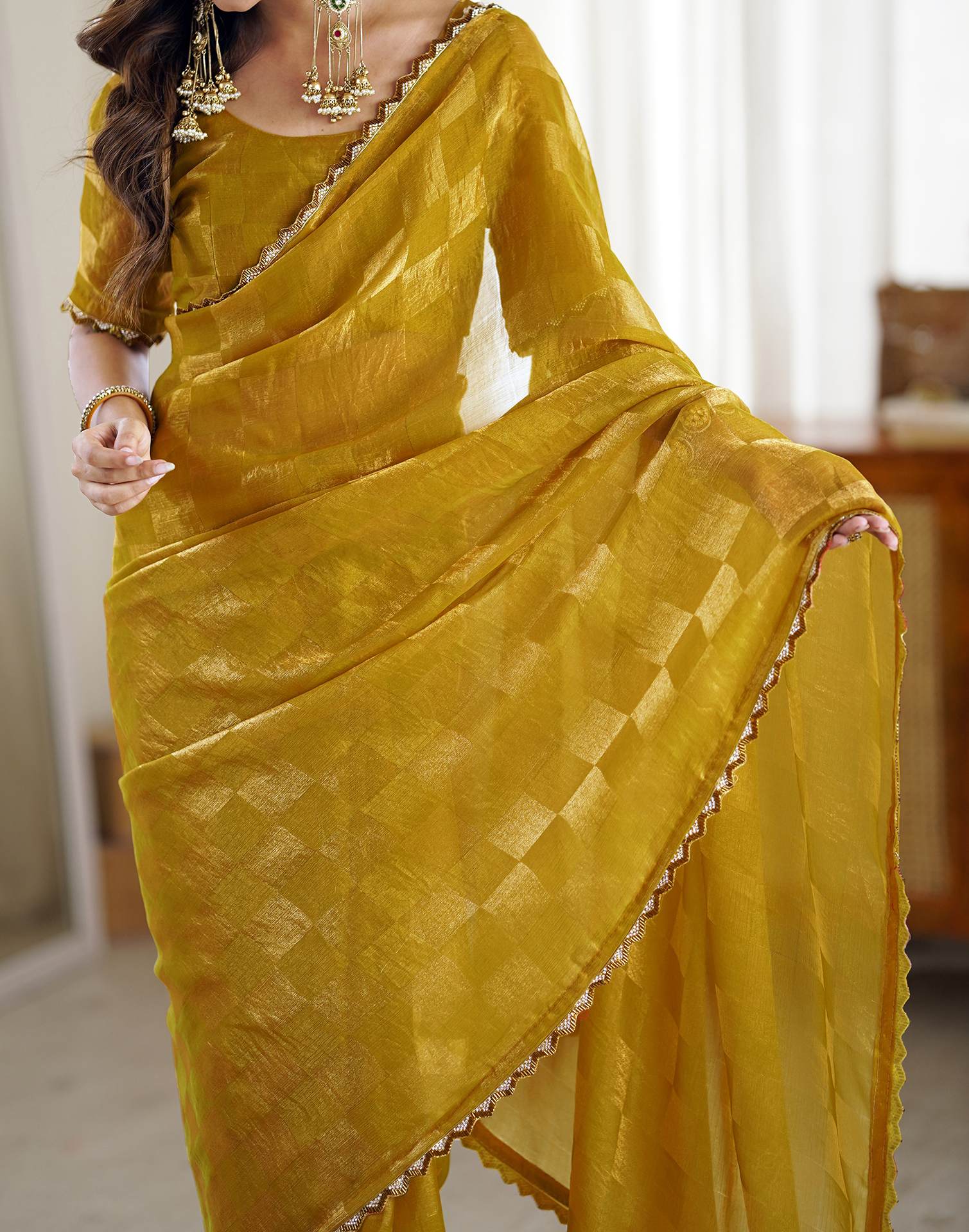 Mustard Yellow Shimmer Woven Saree