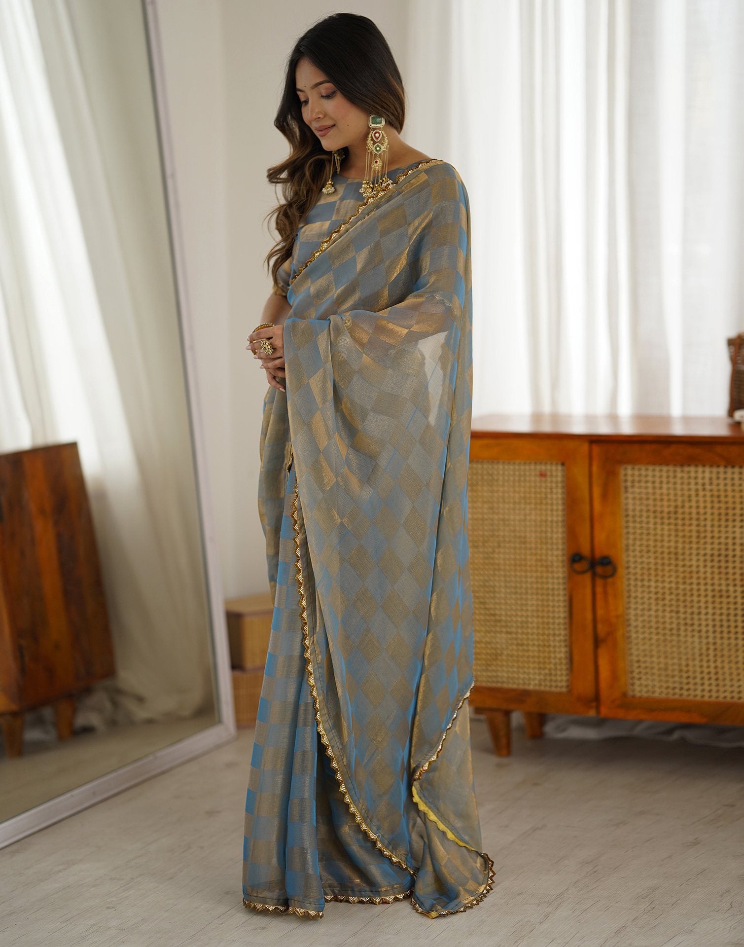 Teal Blue Shimmer Woven Saree